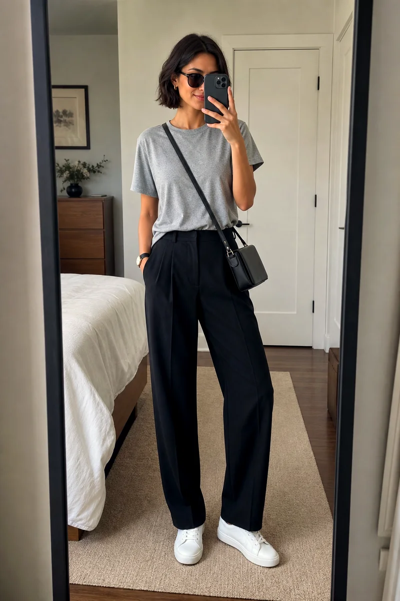 Grey relaxed T-shirt with black pleated trousers, white sneakers, black crossbody bag, sunglasses, and watch.
