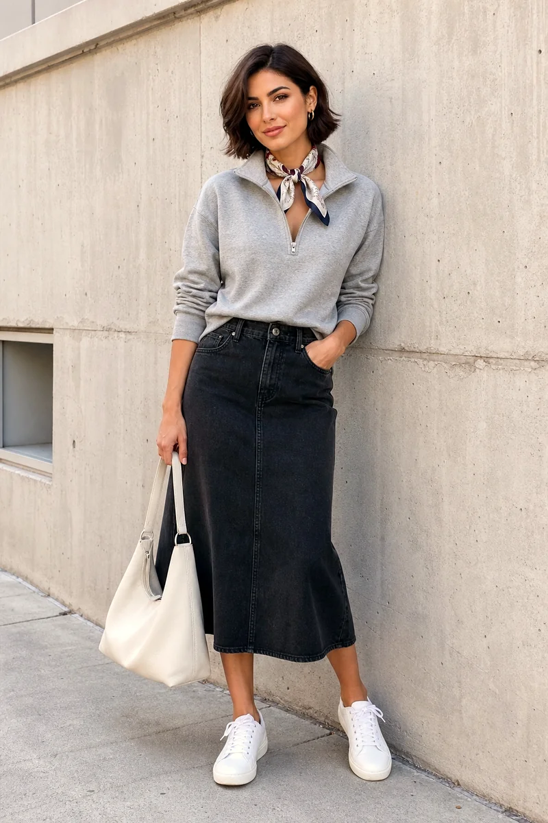 Grey half-zip sweatshirt with a washed black A-line midi skirt, white sneakers, a white hobo bag, and a silk neck scarf.