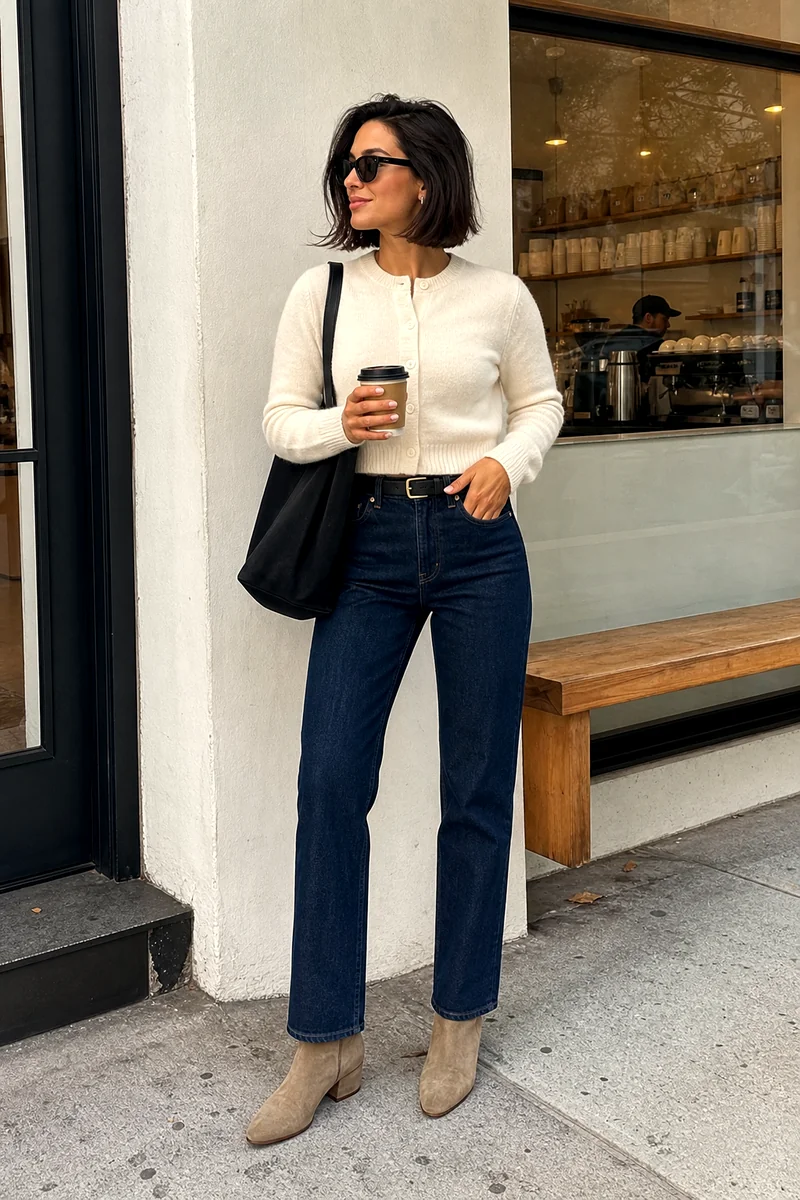 Ivory cropped cardigan, dark straight-leg jeans, taupe suede boots, black canvas tote, belt, and sunglasses.