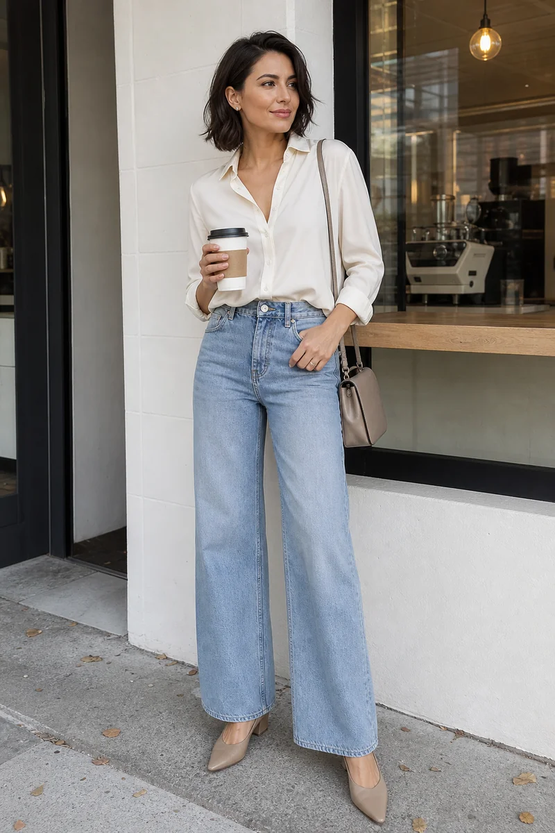 Woman wearing an ivory button-down shirt with light-wash wide-leg jeans, taupe block-heel pumps, a taupe crossbody bag, and stud earrings.