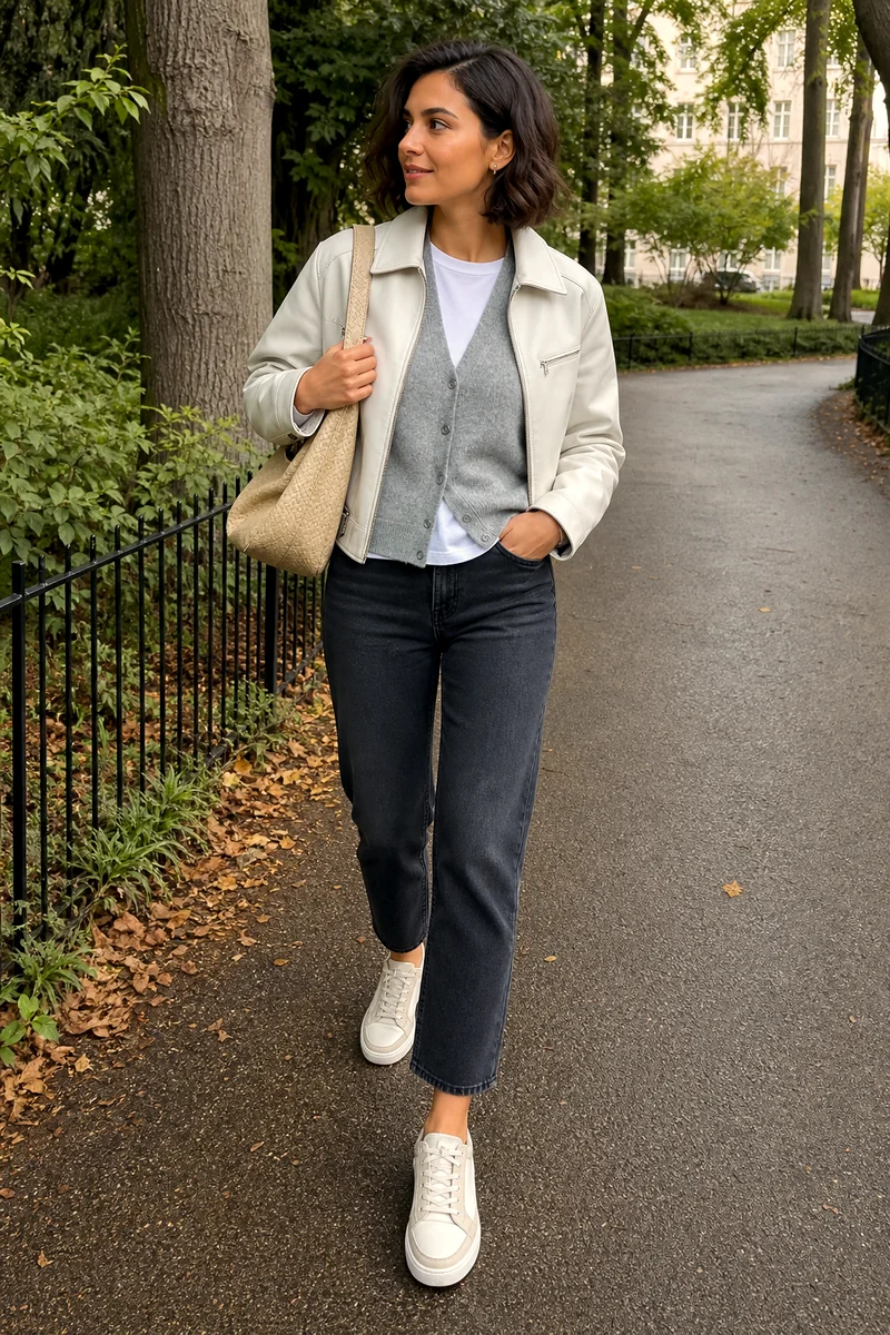 Woman wearing a grey cropped cardigan, white jacket, black cropped jeans, taupe sneakers, and beige woven bag.