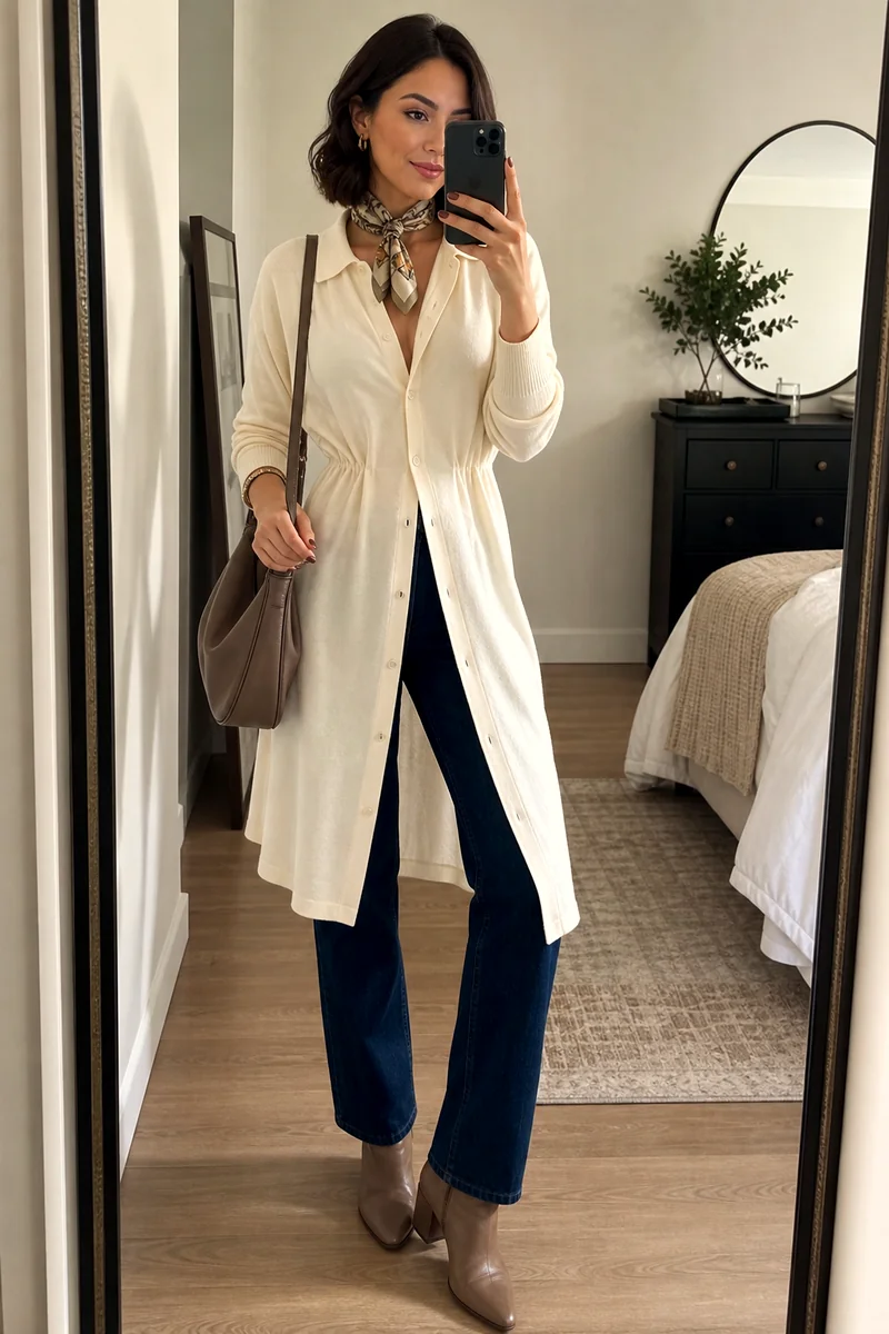 Ivory knit shirt dress layered over dark jeans with taupe ankle boots, hobo bag, gold hoops, and scarf.
