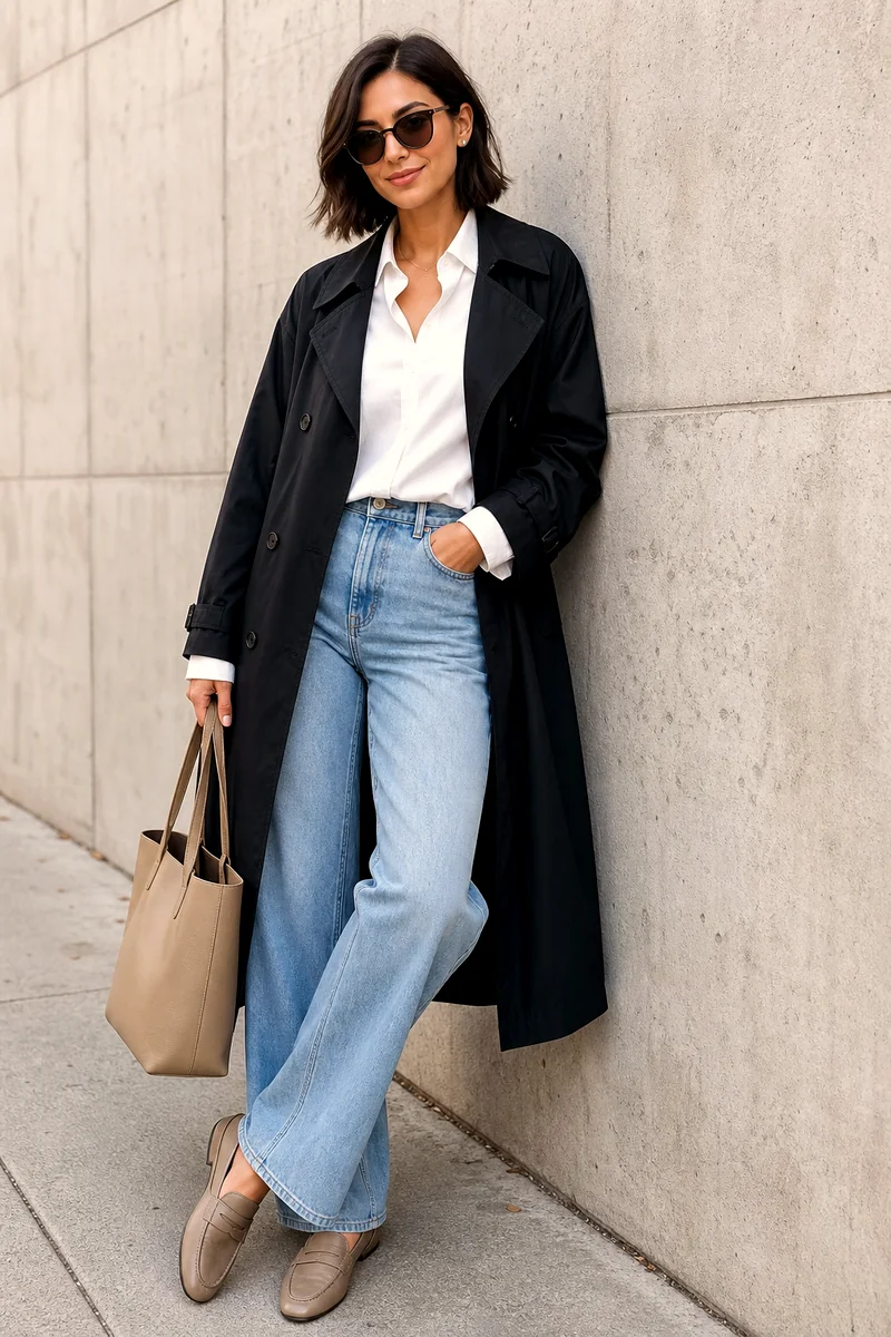 Ivory poplin shirt, light-wash wide-leg jeans, washed black trench, taupe loafers, and beige tote.