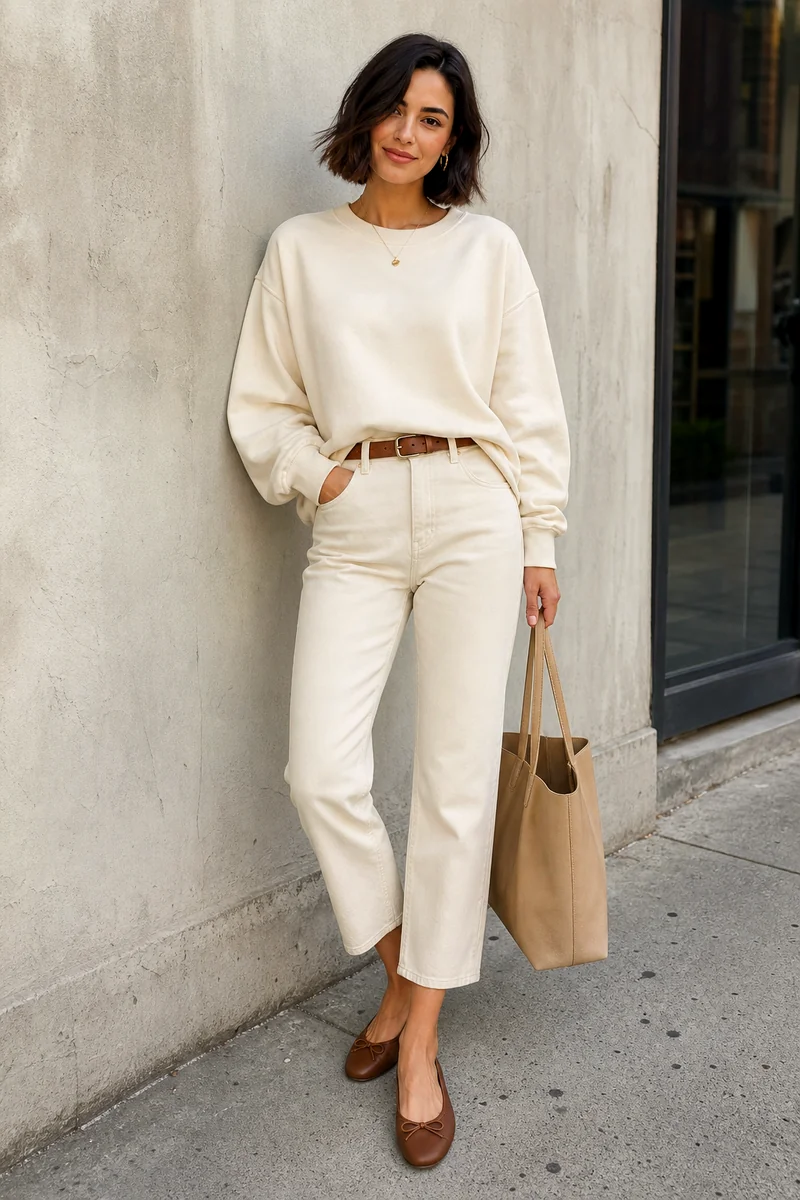 Cream oversized sweatshirt with ecru cropped jeans, brown ballet flats, a brown belt, and a beige leather tote.