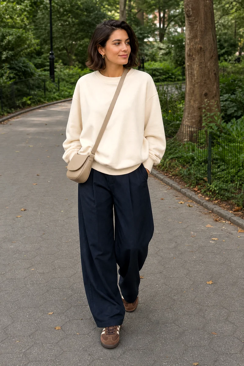 Cream oversized sweatshirt, dark indigo pleated trousers, brown sneakers, beige crossbody bag, and gold hoop earrings.
