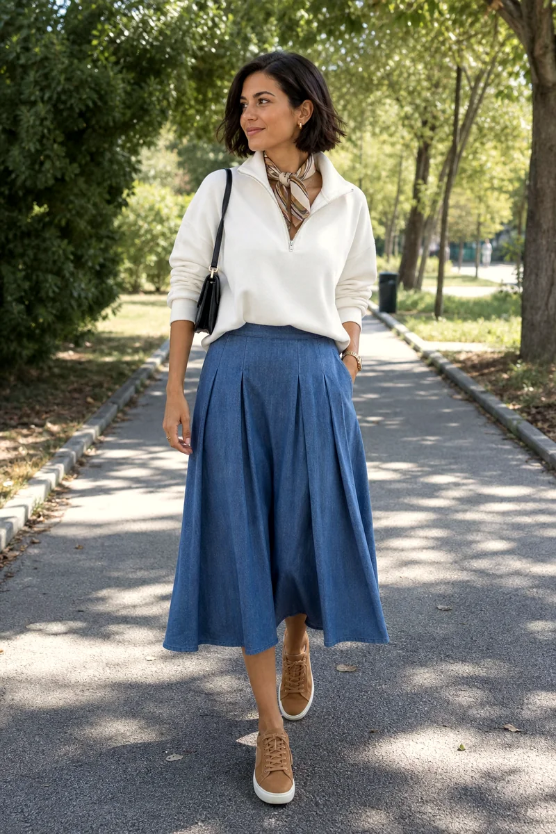 White half-zip sweatshirt with blue pleated midi skirt, tan sneakers, black shoulder bag, and neck scarf.