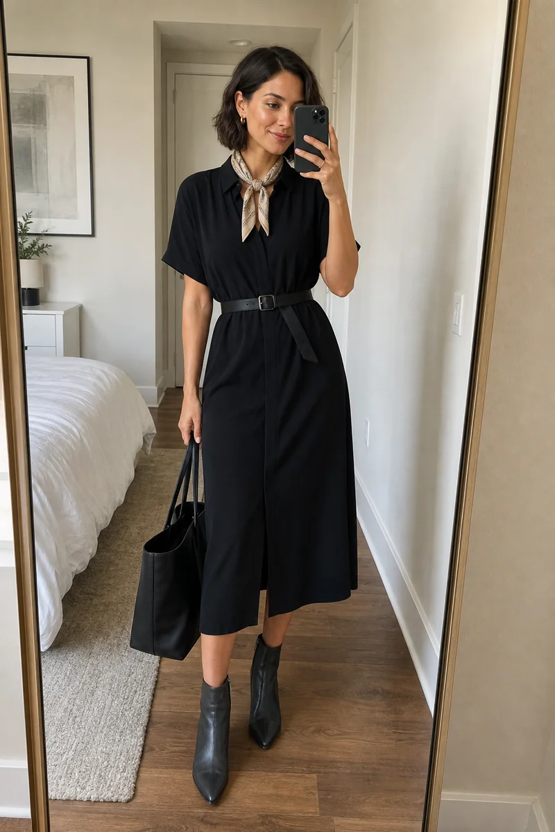 Woman wearing a black belted cotton midi dress with charcoal ankle boots, a black structured tote, gold hoop earrings, and a silk neck scarf.