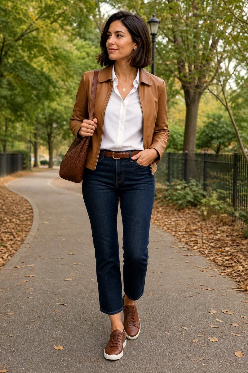 Woman wearing a cream button-down shirt, dark indigo cropped jeans, camel leather jacket, brown sneakers, woven shoulder bag, belt, and pendant necklace.