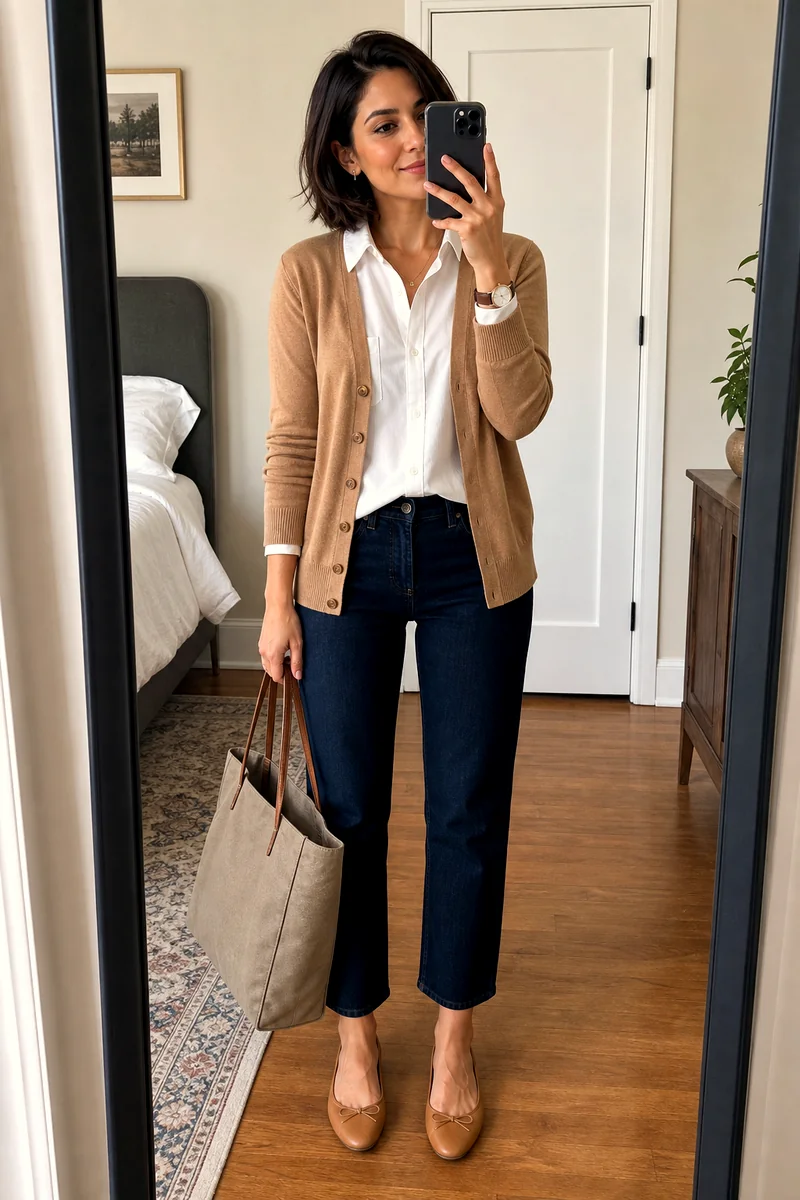 White cotton-linen shirt with camel cardigan, dark indigo cropped jeans, tan ballet flats, taupe tote, and wristwatch.