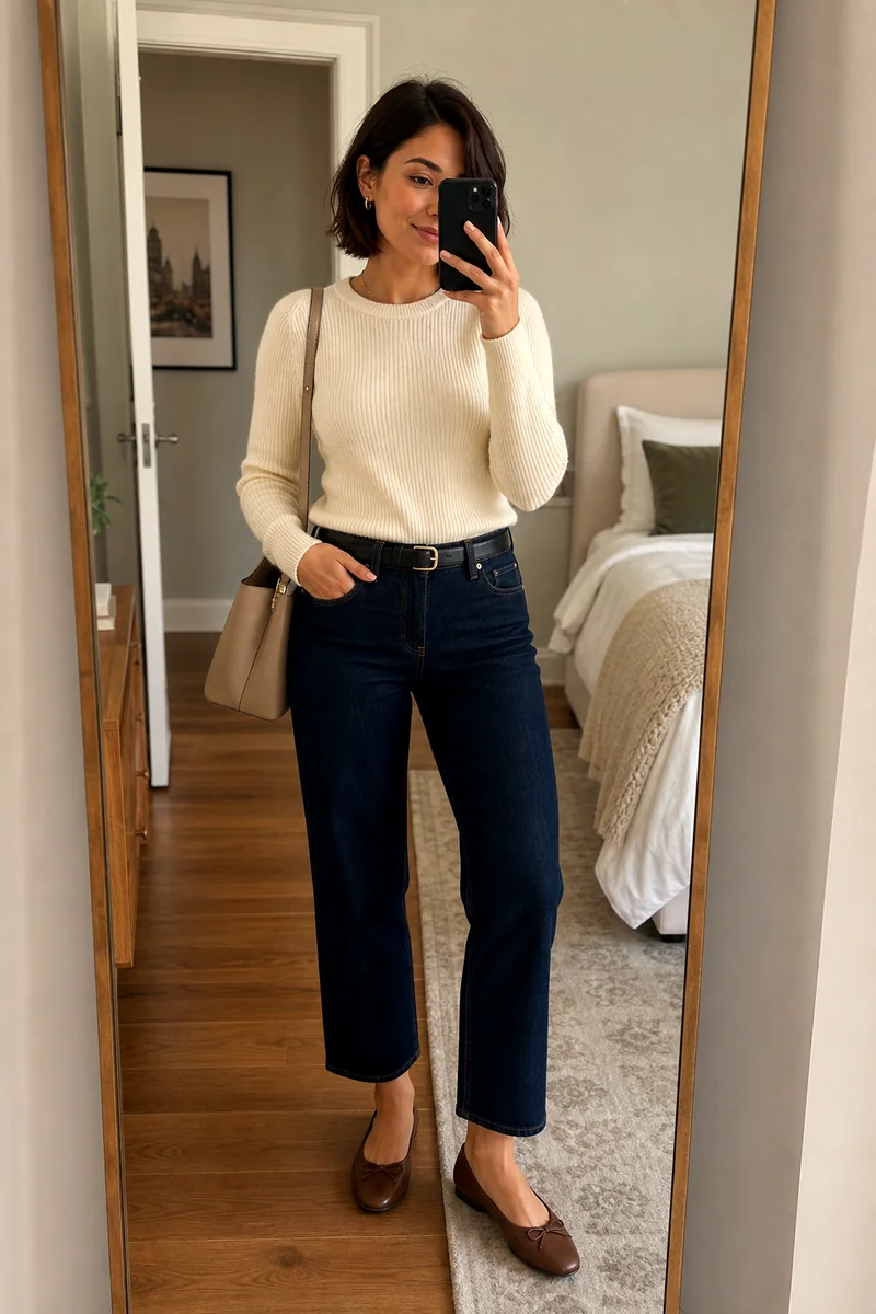 Woman wearing a cream ribbed knit top, dark cropped jeans, brown ballet flats, black belt, and beige shoulder bag.