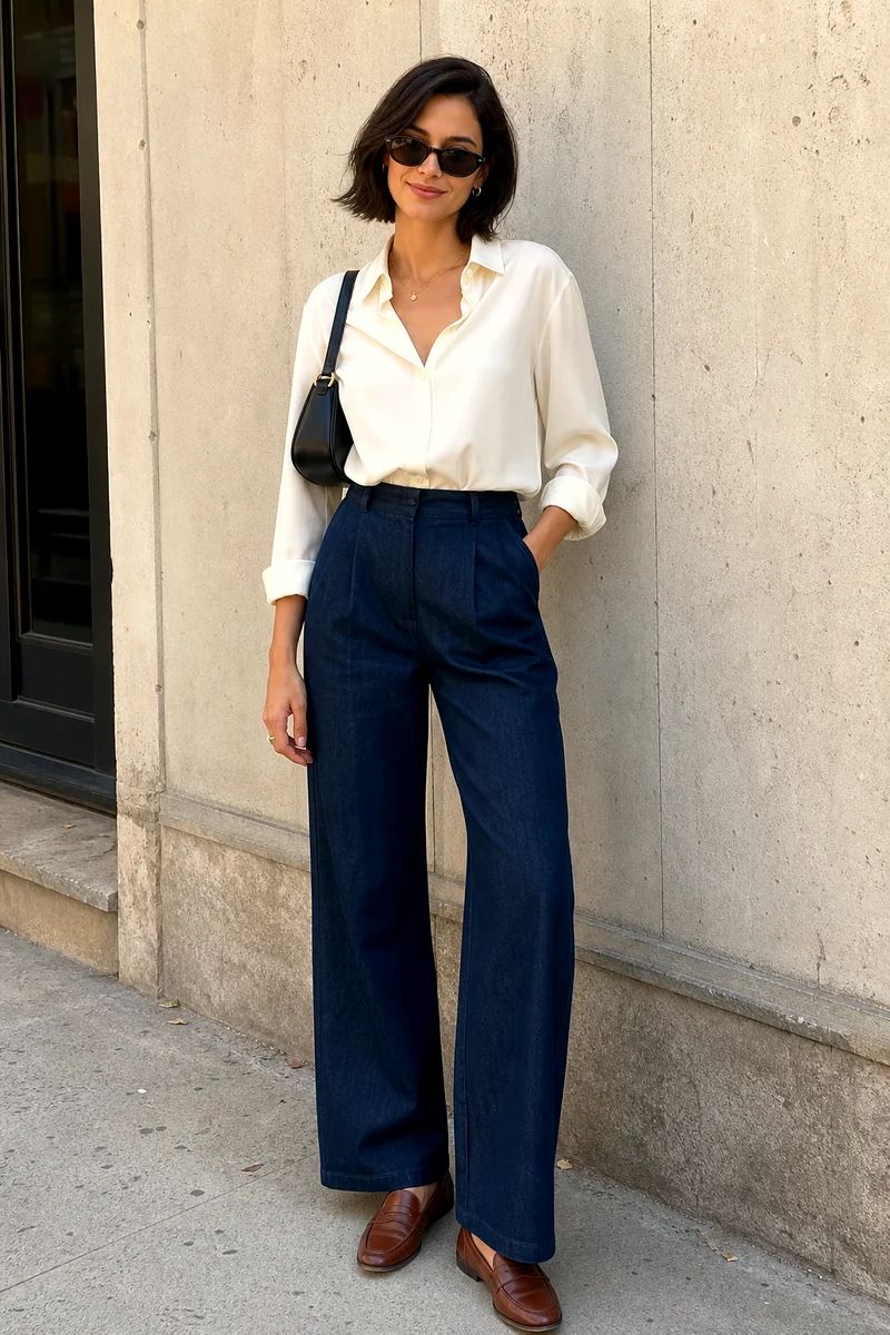 Woman wearing a cream button-down shirt, dark indigo wide-leg trousers, brown loafers, a small black shoulder bag, gold necklace, and sunglasses.