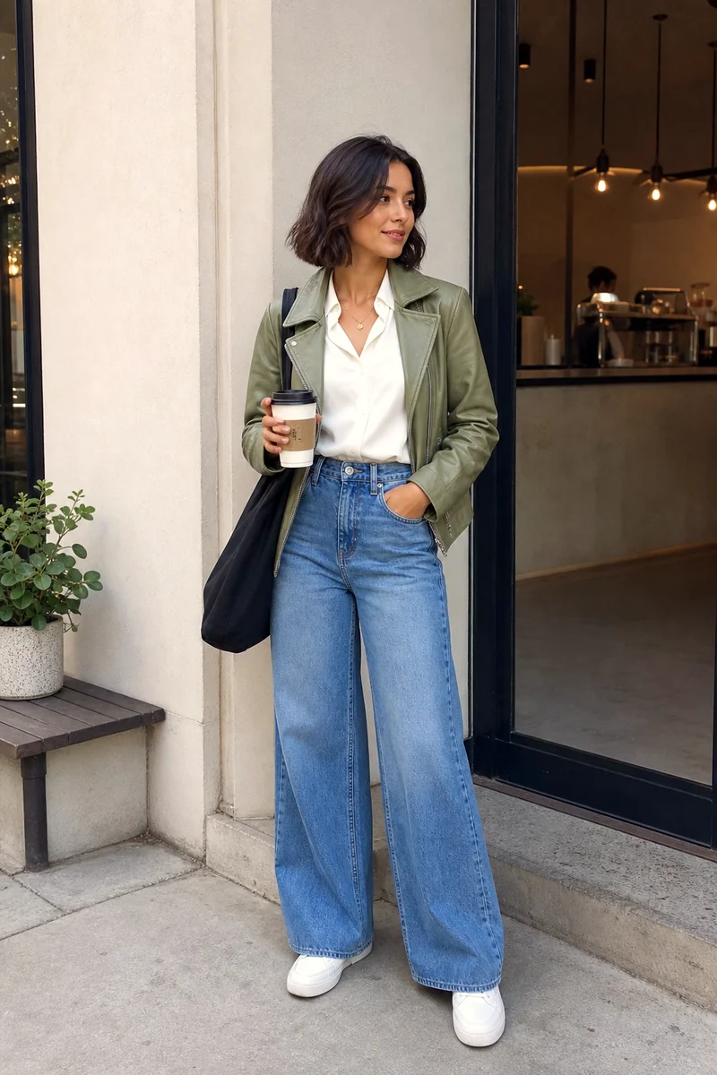 White collared blouse, blue wide-leg trousers, sage green jacket, white sneakers, black canvas tote, and gold necklace.