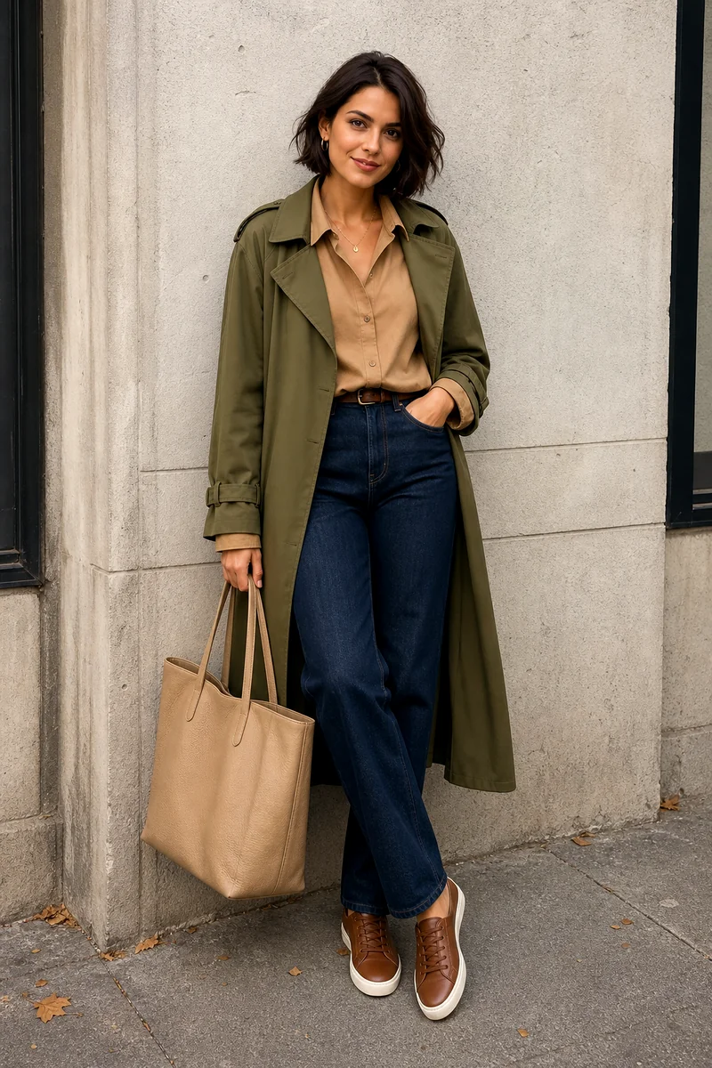 Camel shirt, dark indigo jeans, olive trench coat, brown sneakers, beige leather tote, and gold jewelry.
