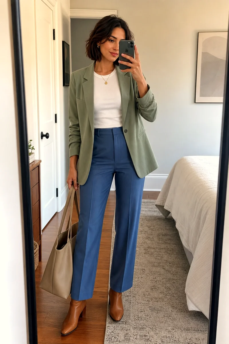 Woman wearing a white ribbed T-shirt, blue tailored trousers, sage blazer, tan ankle boots, beige tote, and gold necklace.