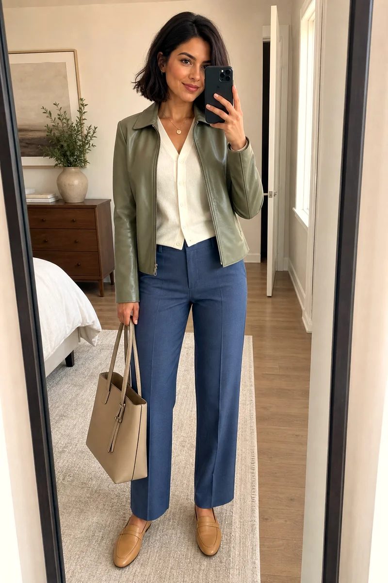 Woman wearing a white V-neck cardigan, blue tailored trousers, sage green leather jacket, tan loafers, and carrying a beige structured tote.