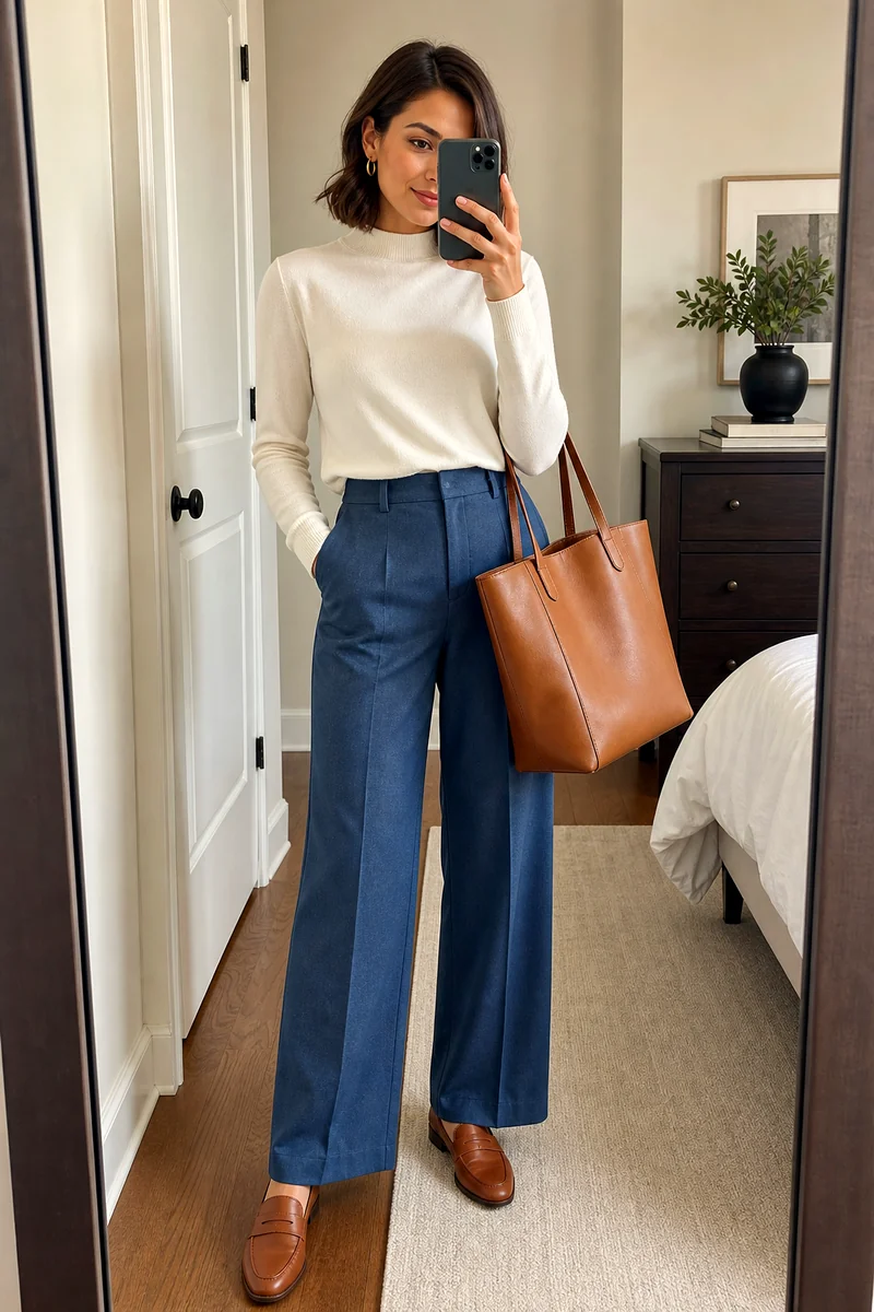 Woman wearing a white mock-neck sweater, blue wide-leg trousers, tan loafers, a structured tan tote, and gold hoop earrings for a fall office outfit.