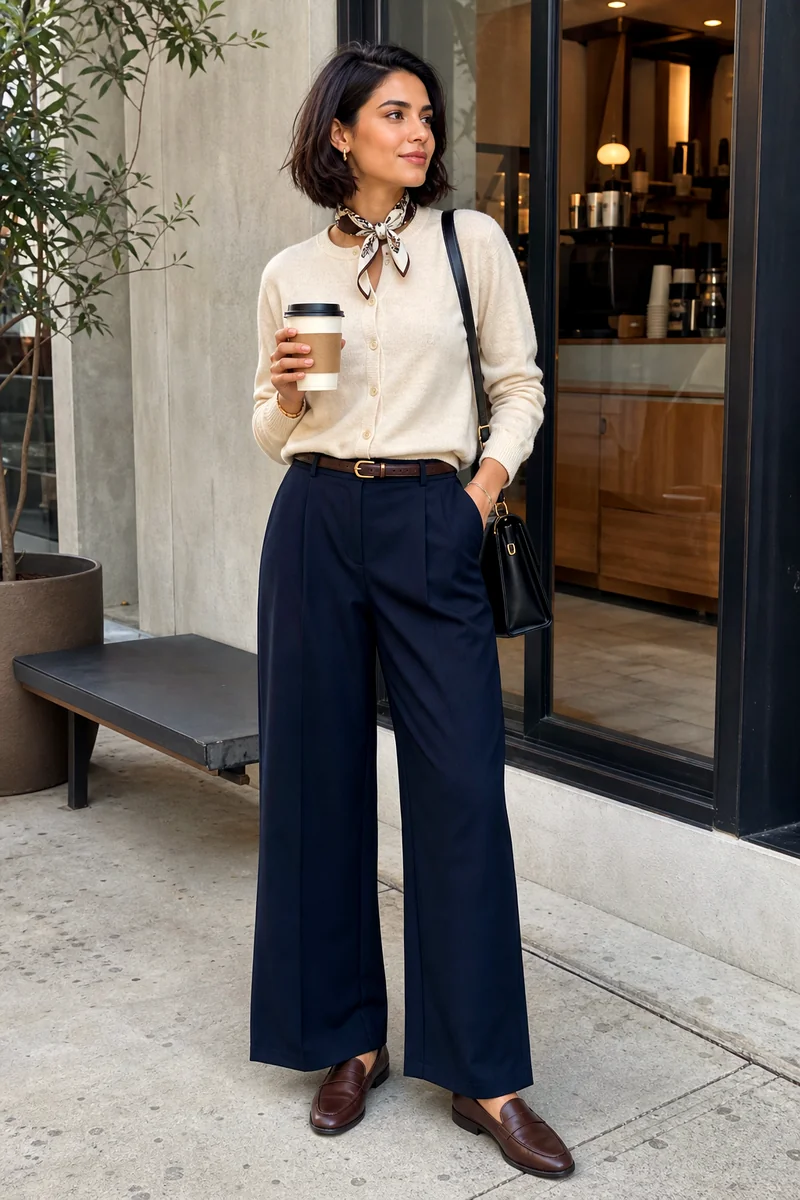 Woman wearing a cream cardigan, dark indigo wide-leg trousers, brown loafers, black structured handbag, and silk scarf for fall work.
