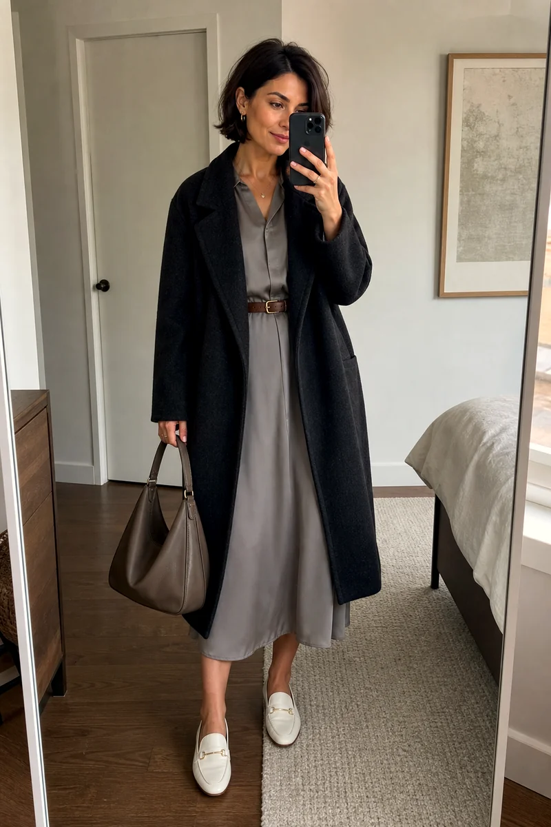 Soft grey belted midi dress with a black wool coat, white loafers, taupe hobo bag, and brown belt.