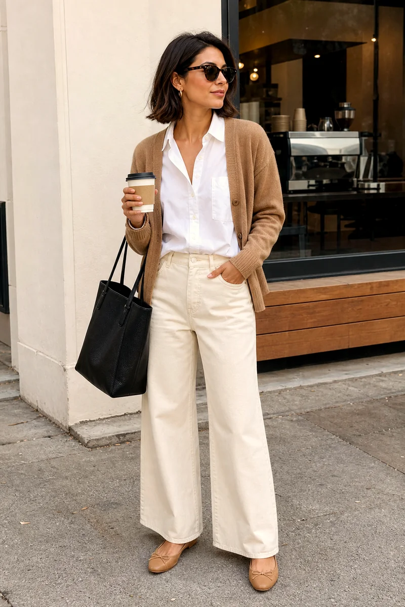 Woman wearing a white shirt, camel cardigan, ecru wide-leg jeans, tan ballet flats, and carrying a black leather tote.