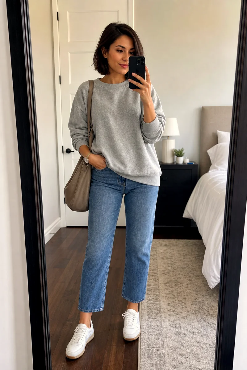 Grey oversized sweatshirt with medium-wash cropped jeans, white retro sneakers, a taupe hobo bag, and a wristwatch.