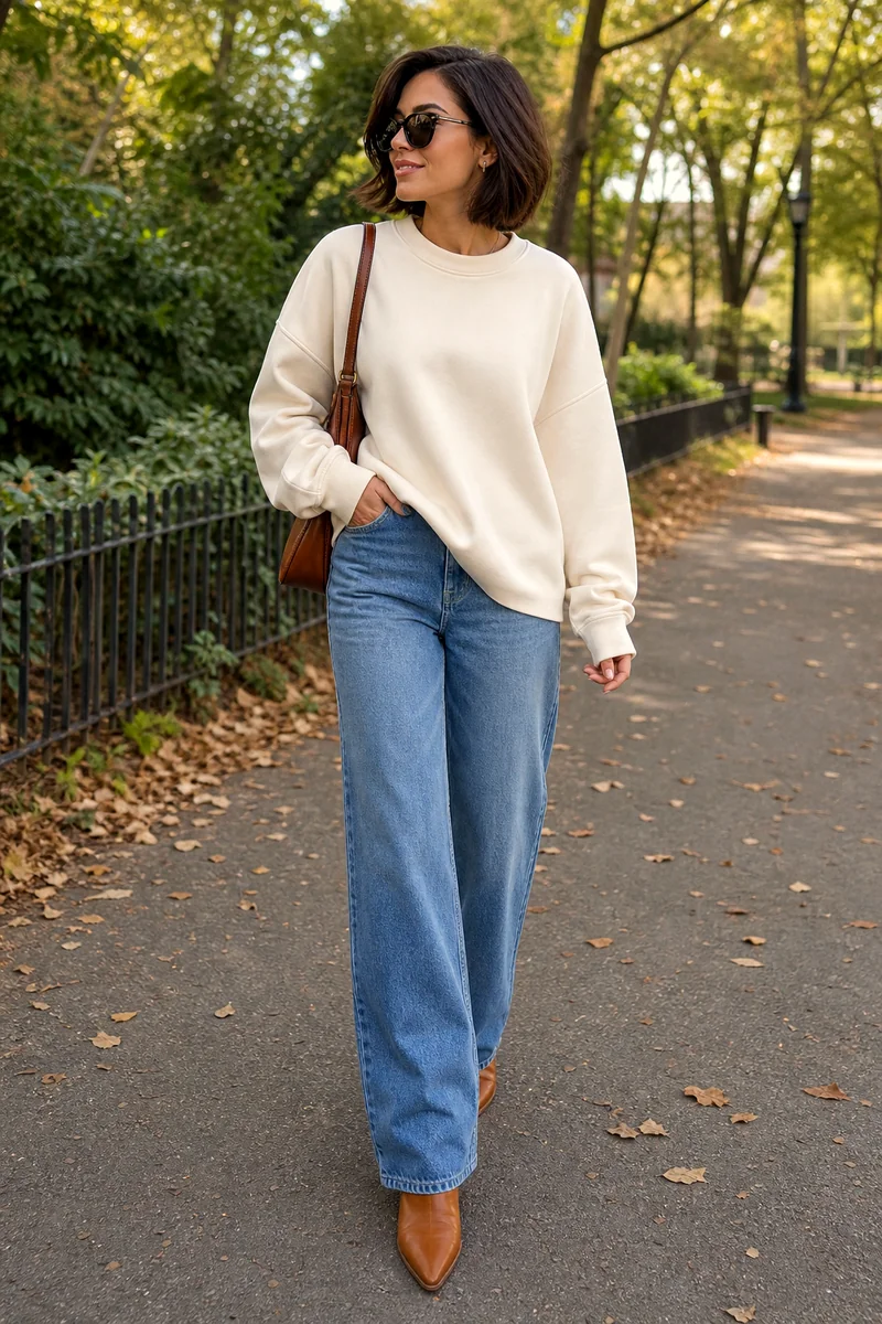 Cream oversized sweatshirt, medium-wash wide-leg jeans, tan ankle boots, brown shoulder bag, and sunglasses.