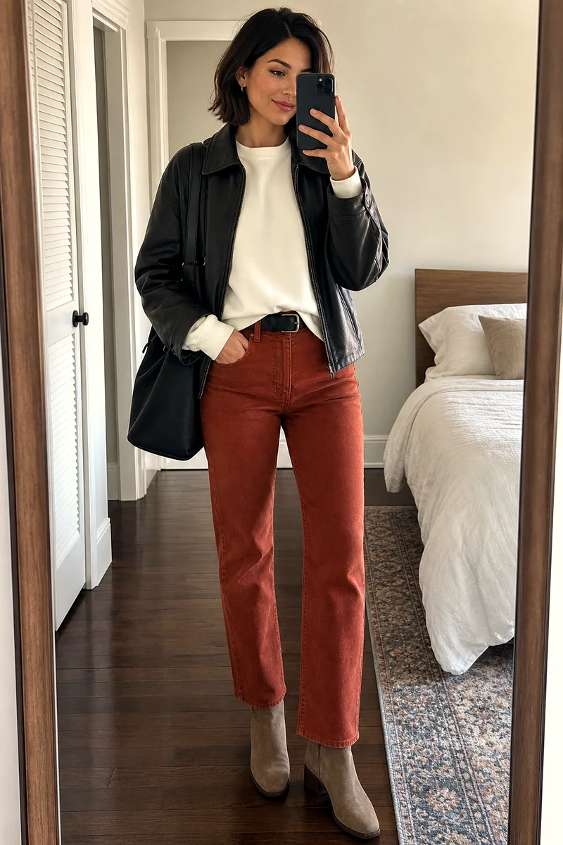 Ivory oversized sweatshirt, rust straight-leg jeans, black leather jacket, taupe suede boots, and tote.