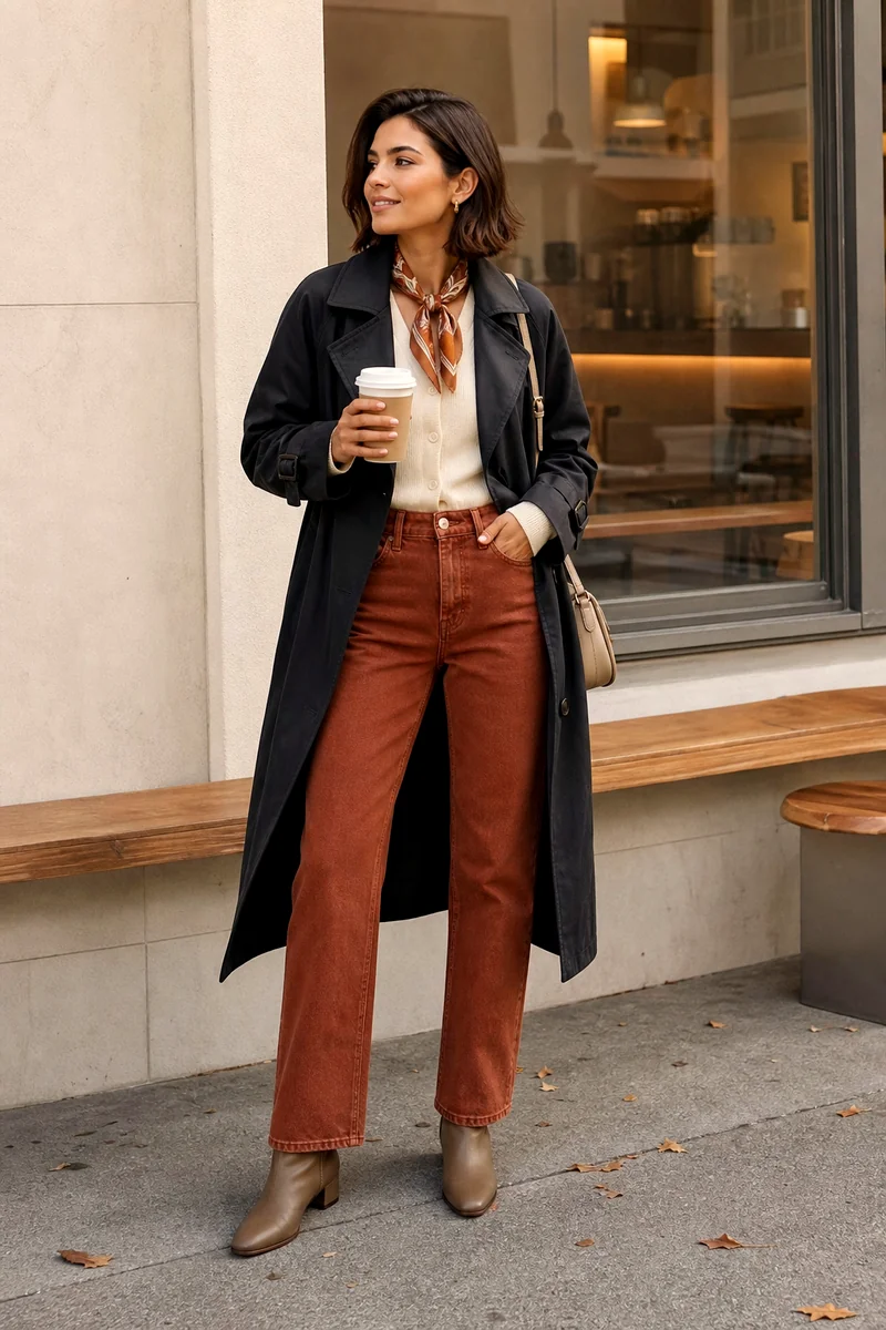 Ivory cardigan, rust straight-leg jeans, washed black trench, taupe boots, beige shoulder bag, and scarf.