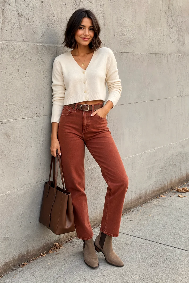 Ivory cropped cardigan, rust jeans, taupe Chelsea boots, brown structured tote, belt, and pendant.