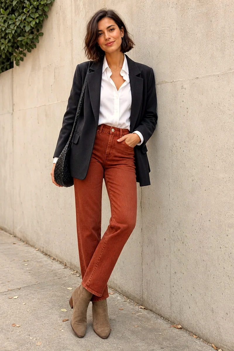 Ivory shirt, rust straight-leg jeans, washed black blazer, taupe suede boots, black shoulder bag, and necklace.