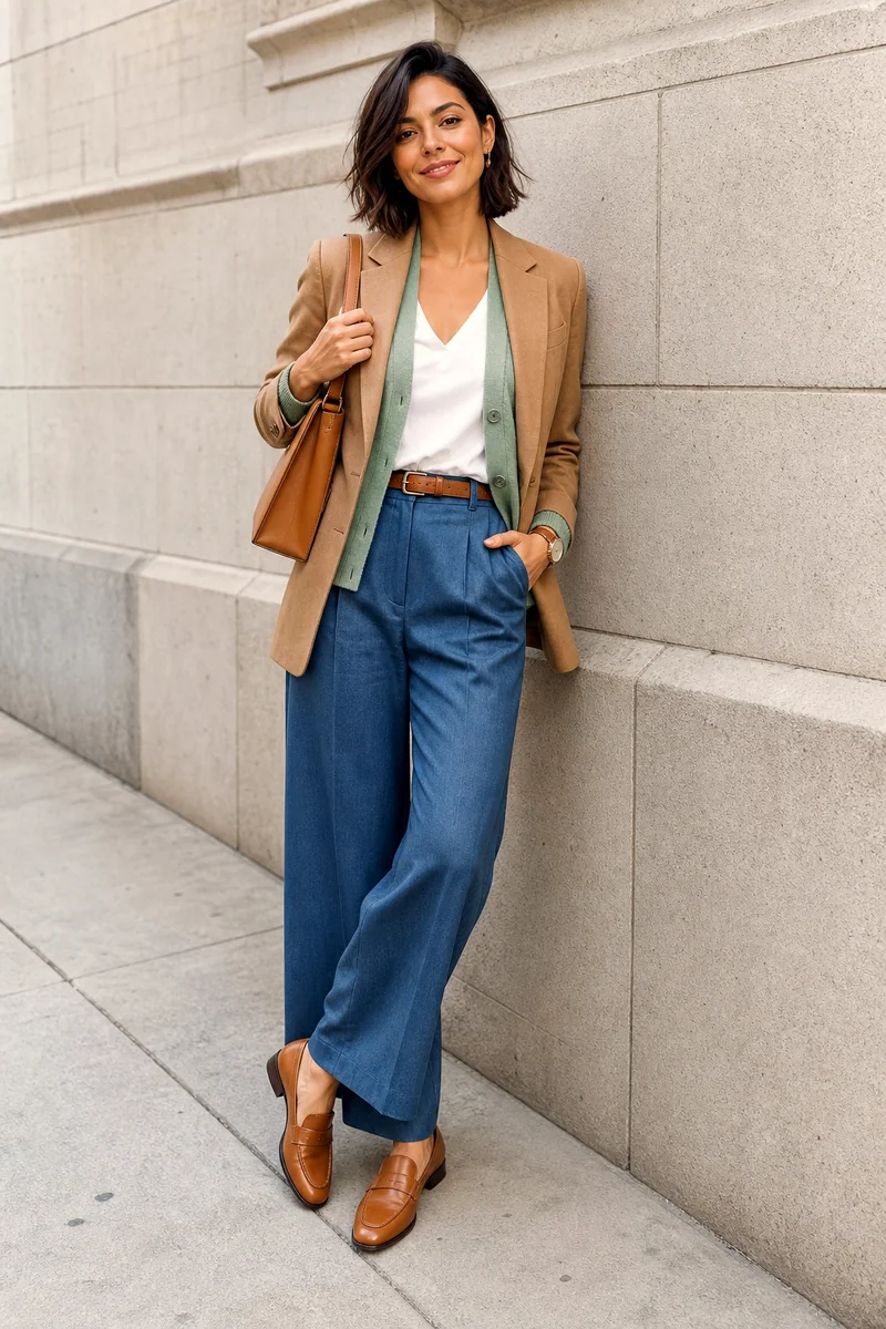 Woman wearing a white V-neck top, sage cardigan, camel jacket, wide-leg trousers, tan loafers, and a structured bag for fall workwear.