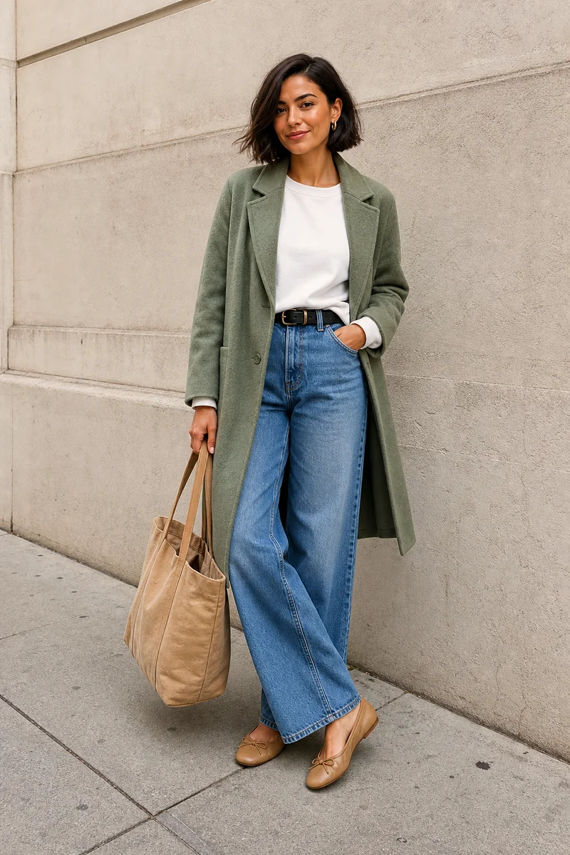 White sweatshirt, sage wool coat, blue wide-leg trousers, tan ballet flats, canvas tote, and black belt.