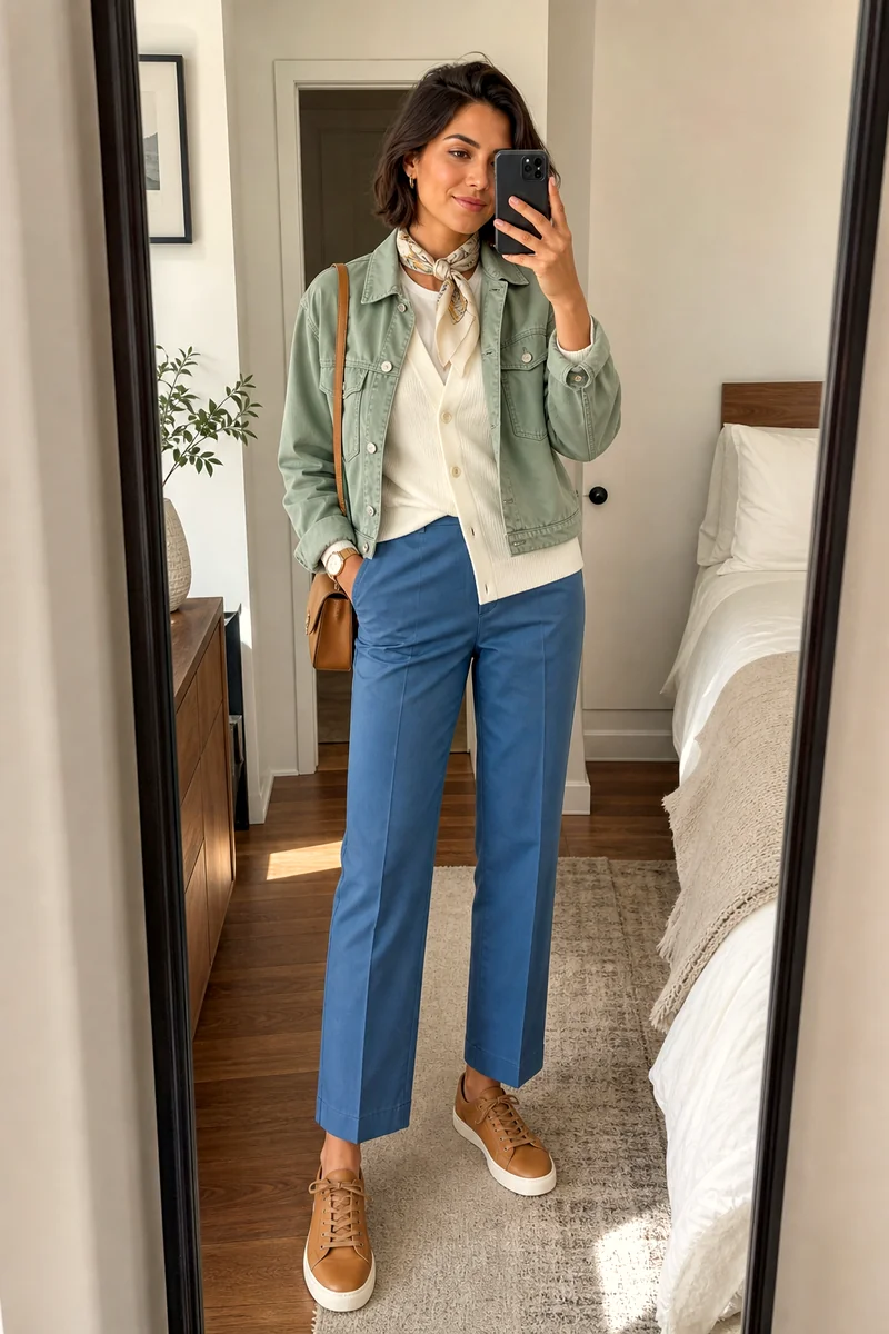 White cardigan and cream tee with blue trousers, sage denim jacket, tan sneakers, and shoulder bag.