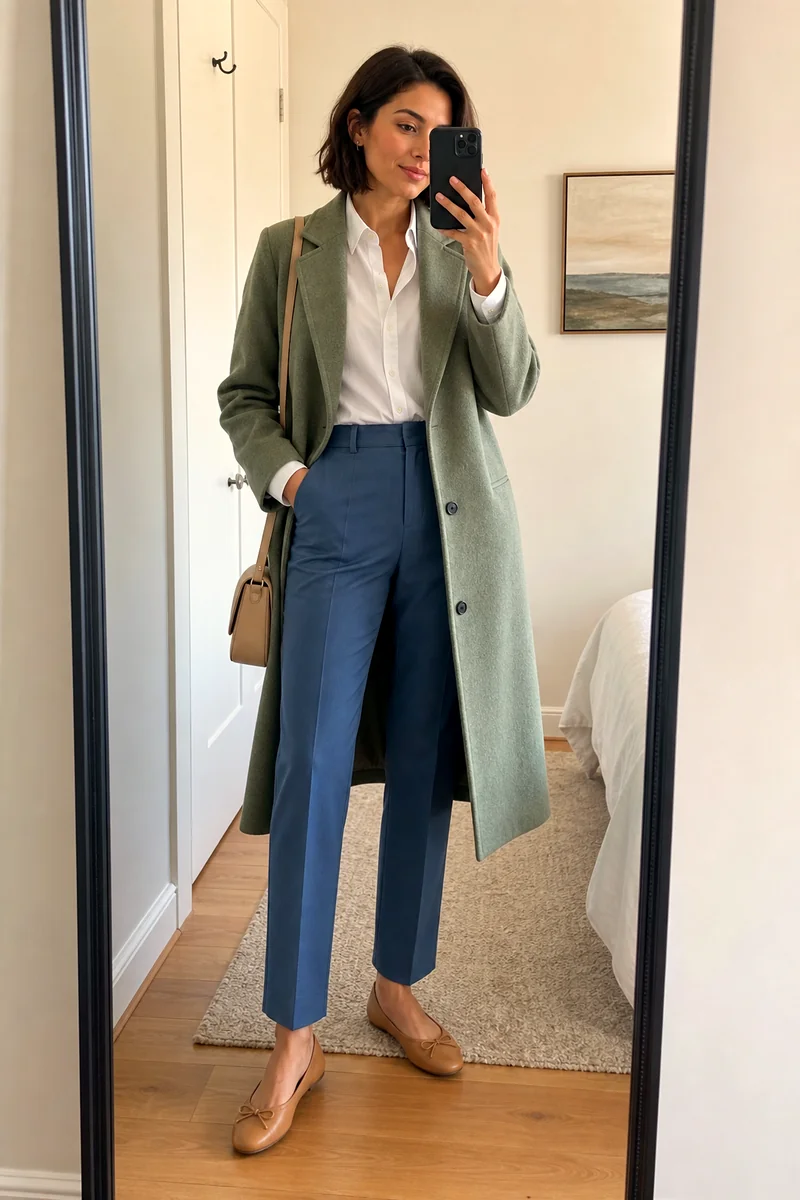 Woman wearing a white poplin shirt, blue tailored trousers, sage green coat, tan flats, and a beige crossbody bag.