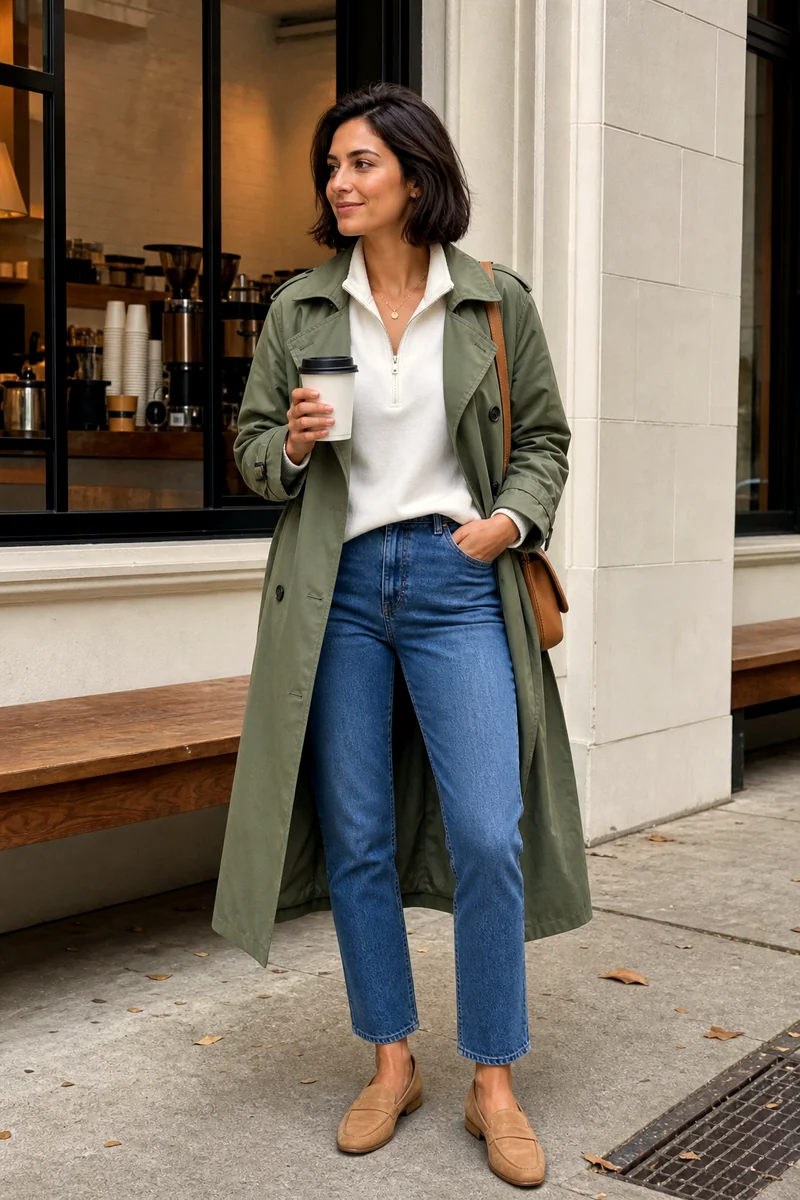 White half-zip sweatshirt, blue cigarette trousers, sage trench coat, tan loafers, and tan shoulder bag.