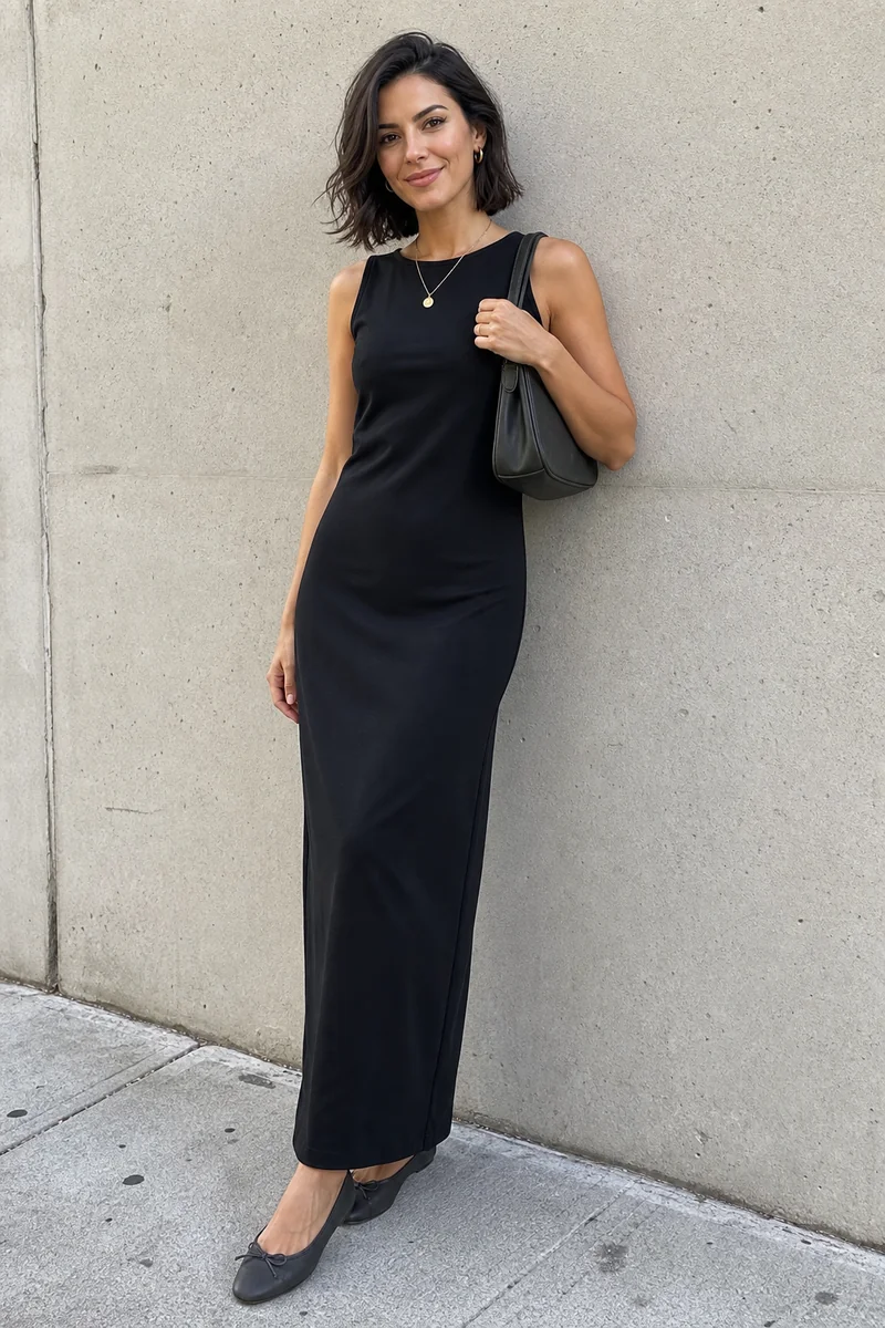 Woman wearing a black sleeveless column dress with charcoal ballet flats, a charcoal shoulder bag, a pendant necklace, and gold hoop earrings.