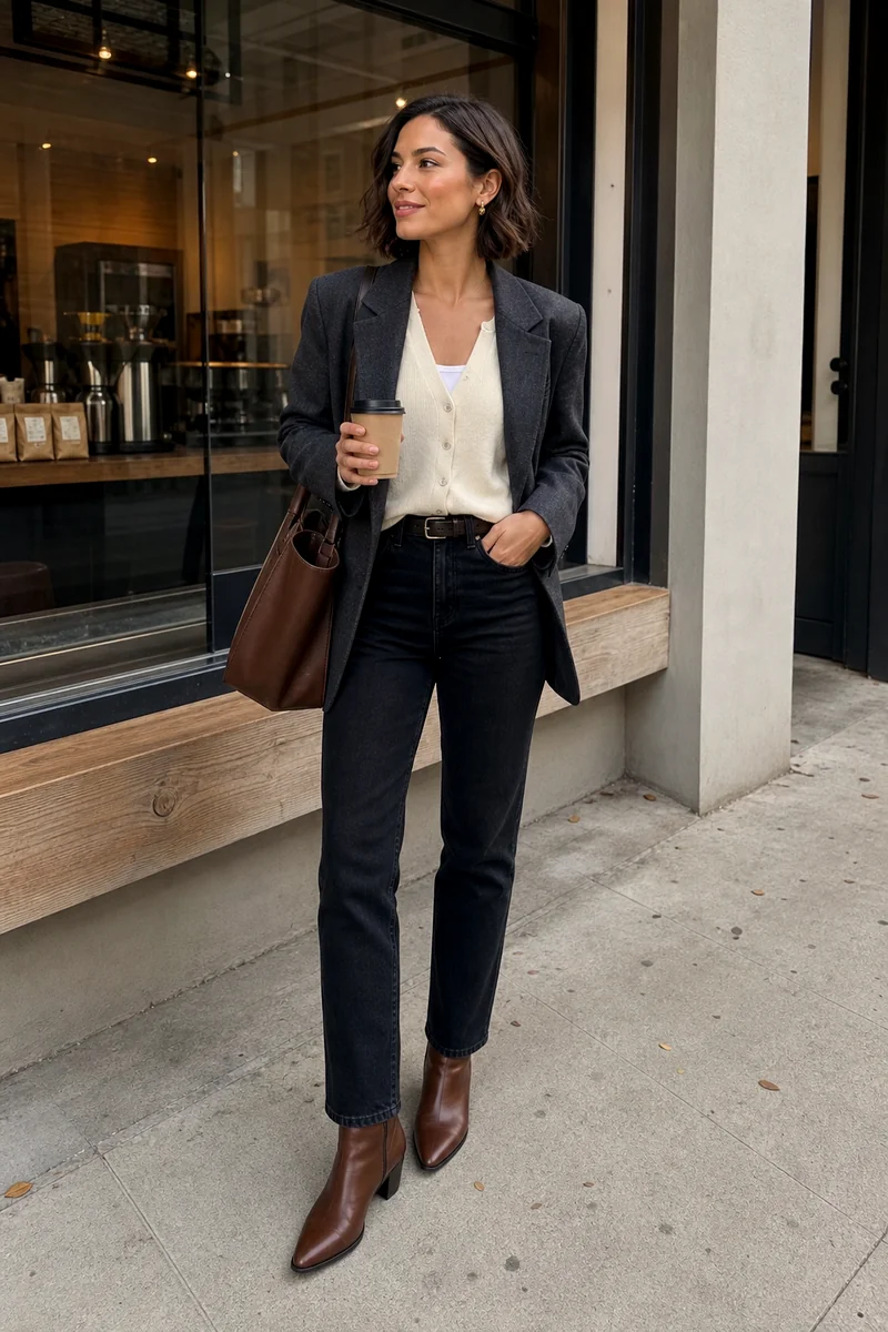 Woman wearing a cream cardigan, charcoal blazer, black straight-leg jeans, brown ankle boots, and a leather tote for a fall office outfit.