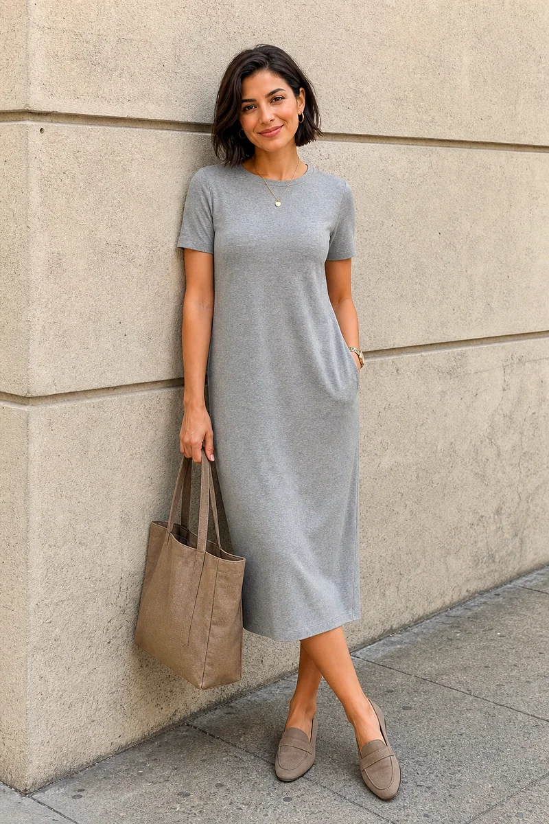 Woman wearing a soft grey knit midi dress, taupe loafers, taupe tote, and delicate gold jewelry.