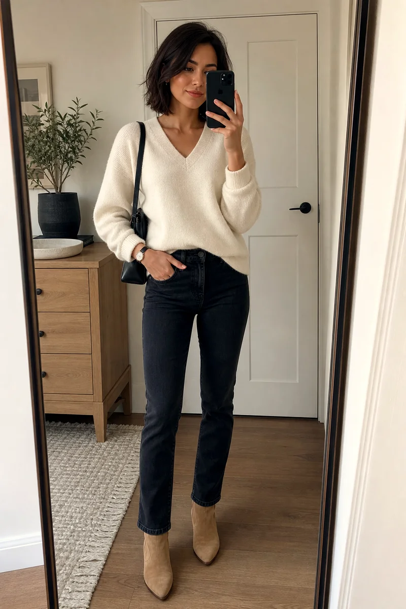 Cream V-neck sweater, washed black slim straight jeans, tan suede boots, black shoulder bag, and watch.