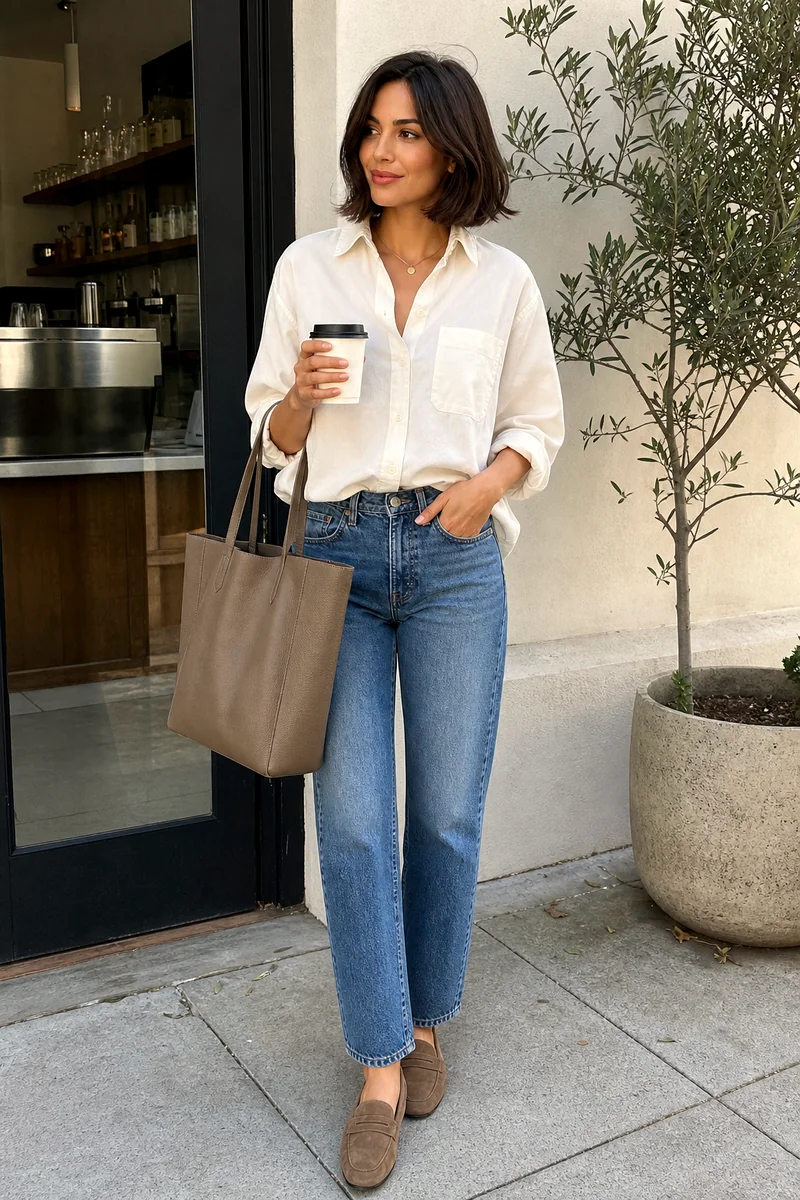 Ivory washed-linen shirt, medium-wash jeans, taupe loafers, taupe leather tote, and pendant necklace.
