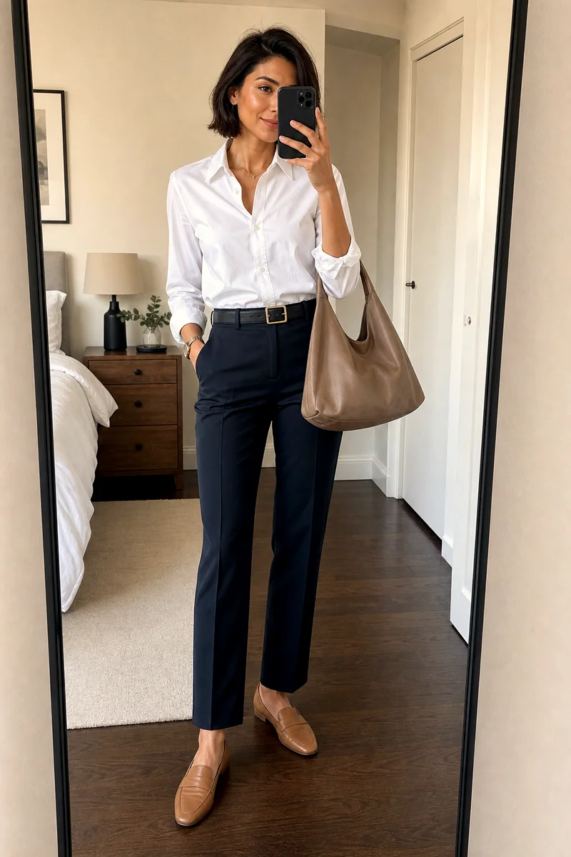 Woman wearing a white button-down shirt, dark indigo tailored trousers, tan loafers, black belt, and taupe hobo bag.