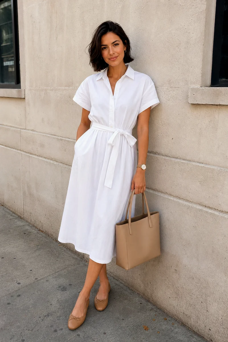 White belted cotton midi dress with tan ballet flats, beige structured tote, and wristwatch for a casual fall outfit.