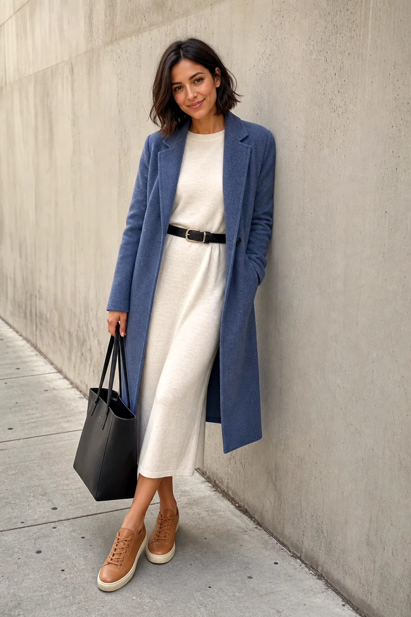 Woman wearing a white knit midi dress, blue wool coat, tan sneakers, black belt, and structured black tote.