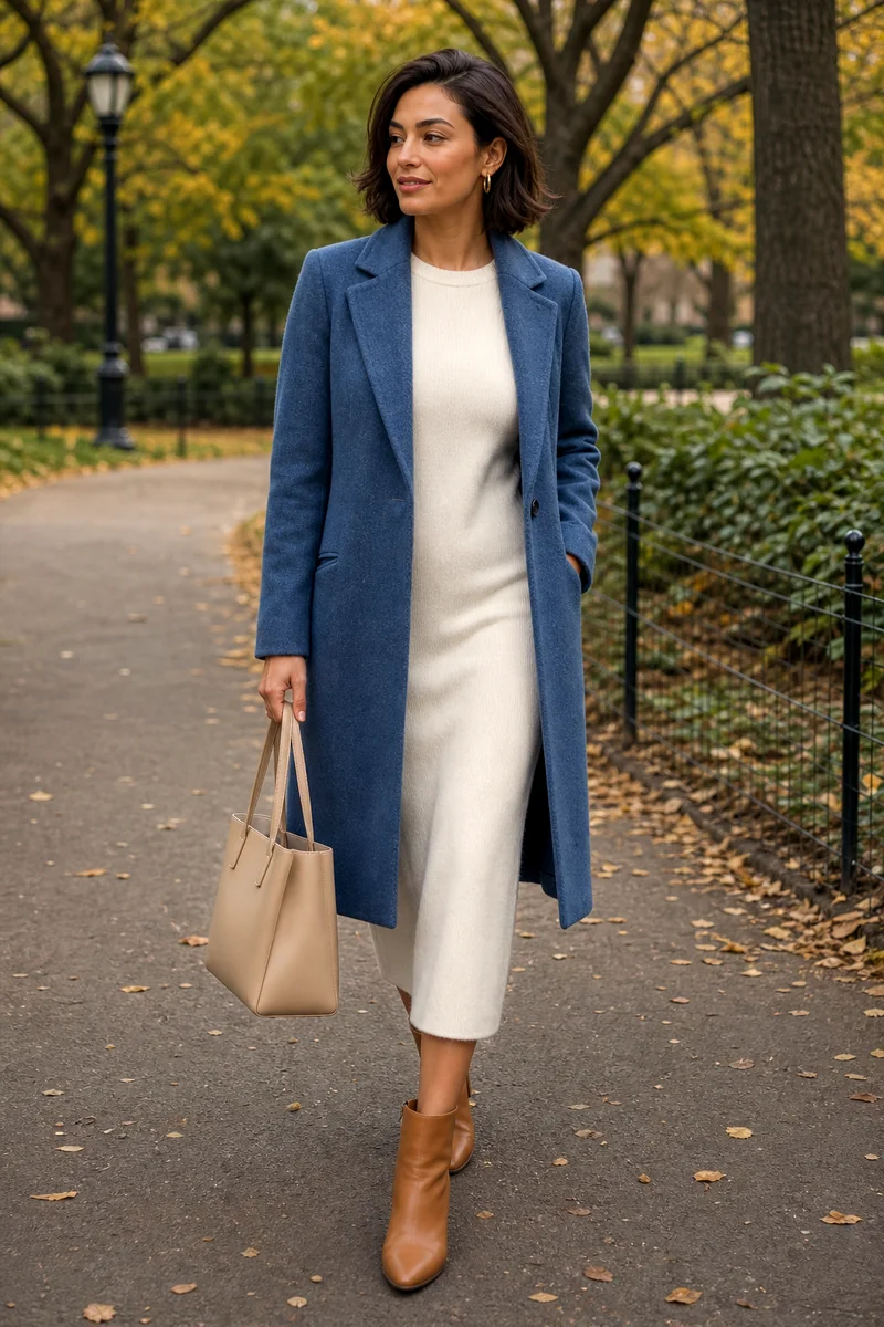 Woman wearing a white knit midi dress, blue wool coat, tan ankle boots, beige structured tote, and gold hoop earrings.