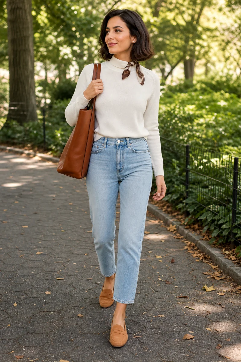 White mock-neck sweater with light blue cropped jeans, tan loafers, a brown leather tote, a silk scarf, and stud earrings.