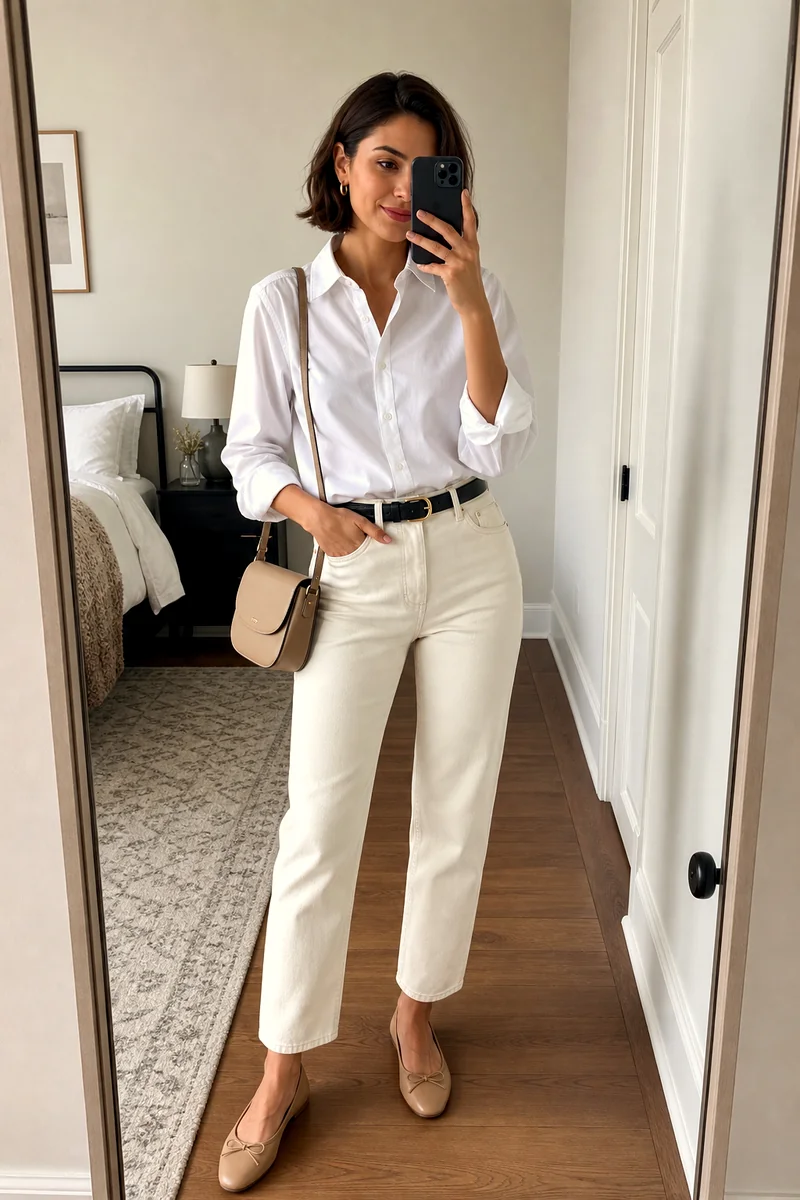 Woman wearing a white poplin shirt, ecru straight jeans, tan ballet flats, beige crossbody bag, and black belt.