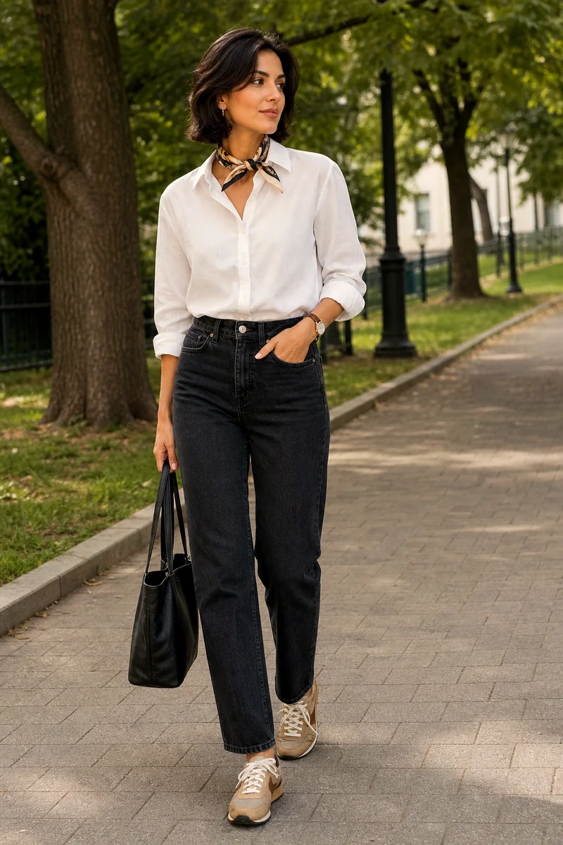 White poplin shirt with black straight-leg jeans, tan sneakers, black leather tote, watch, and scarf.