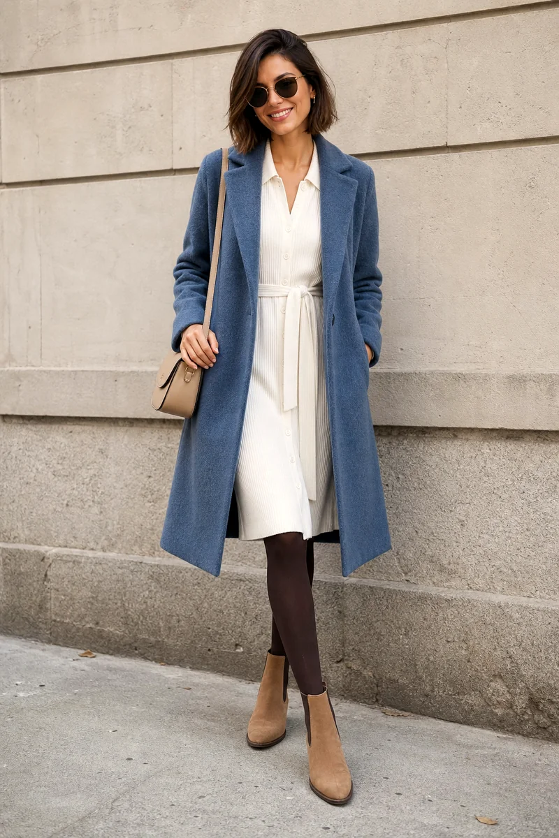 Woman in a white belted shirt dress, blue wool coat, tan Chelsea boots, beige shoulder bag, and sunglasses.