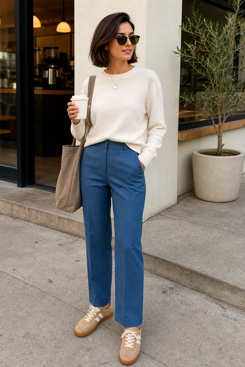 Woman wearing a white knit sweater, blue tailored trousers, tan sneakers, and a taupe canvas tote.