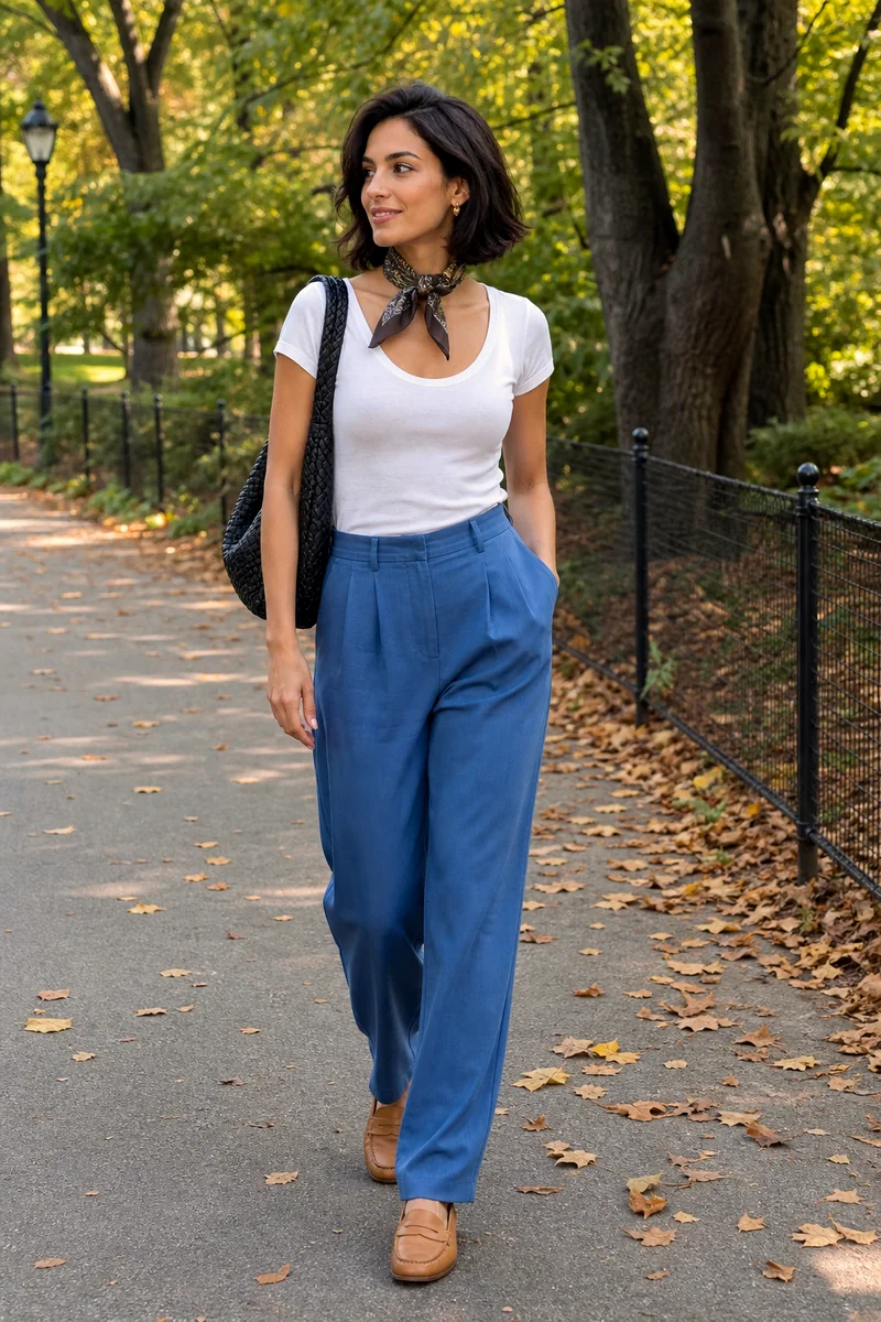 White ribbed T-shirt, blue relaxed pleated trousers, tan loafers, black woven shoulder bag, and silk neck scarf.