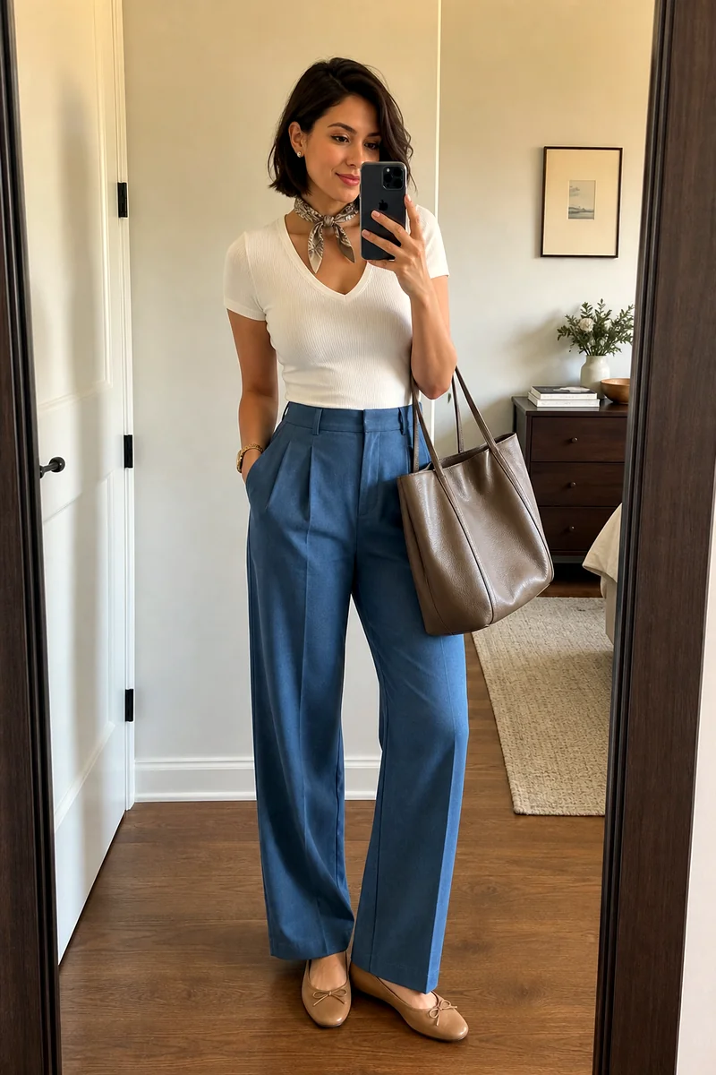 Woman wearing a white ribbed T-shirt, blue pleated trousers, tan ballet flats, taupe leather tote, and silk scarf.